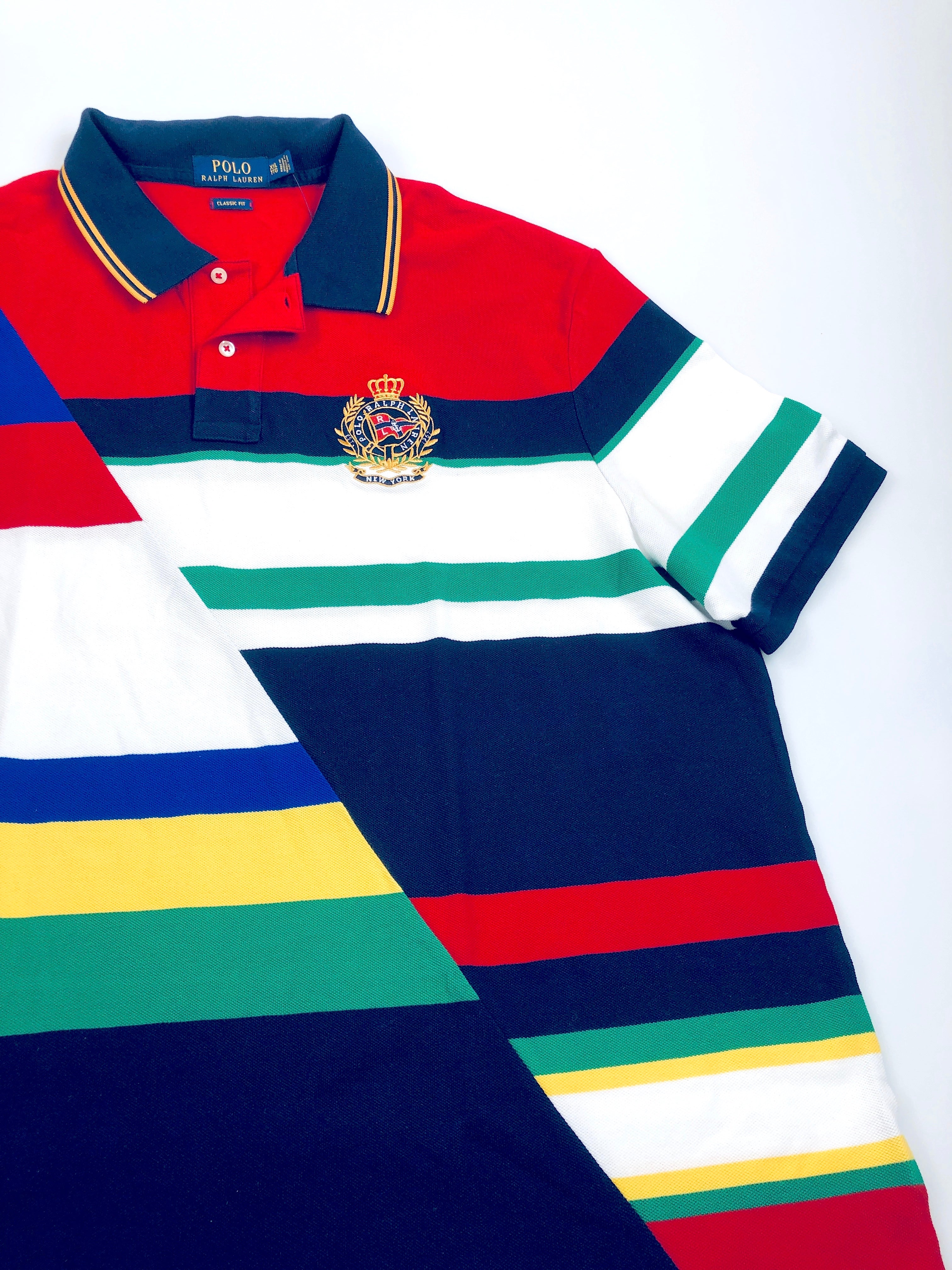 POLO RALPH LAUREN CLASSIC FIT DIAGONAL CUT NAVY MULTI STRIPED MESH POLO SHIRT - Flashy Deals Store