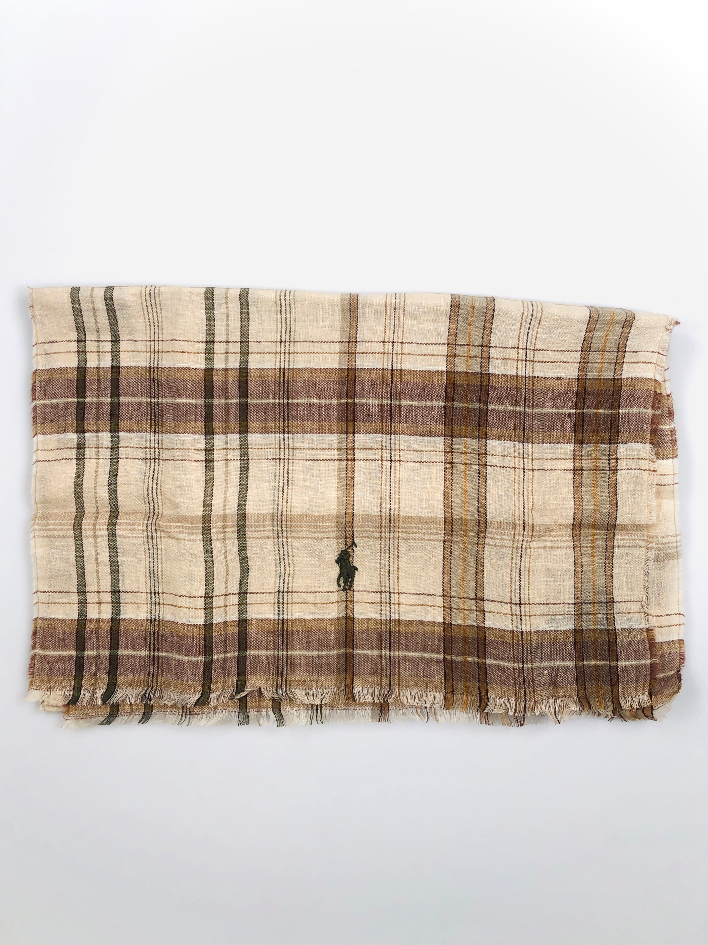 POLO RALPH LAUREN DESERT SAND PLAID LINEN NECK WRAP SCARF - Flashy Deals Store