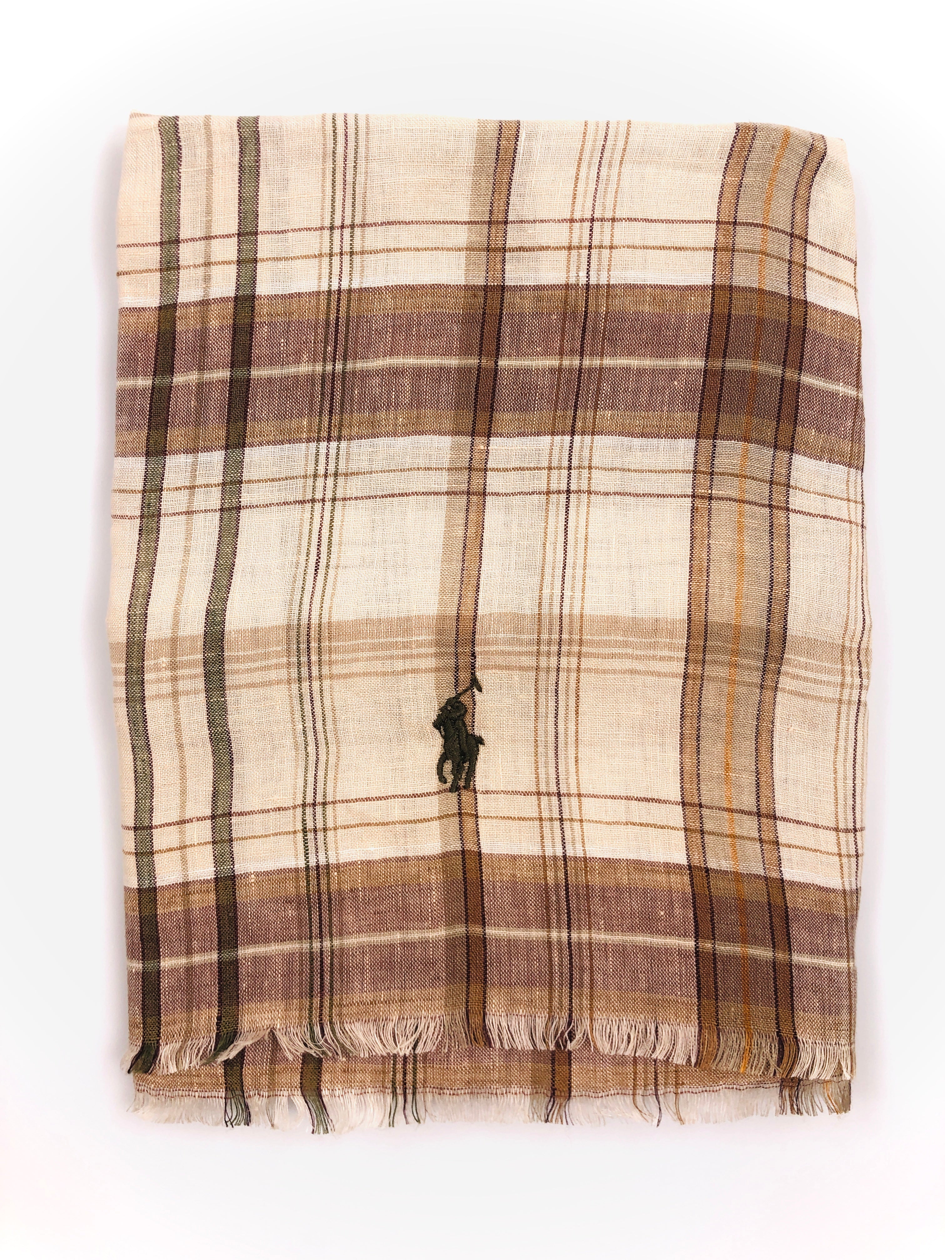 POLO RALPH LAUREN DESERT SAND PLAID LINEN NECK WRAP SCARF - Flashy Deals Store