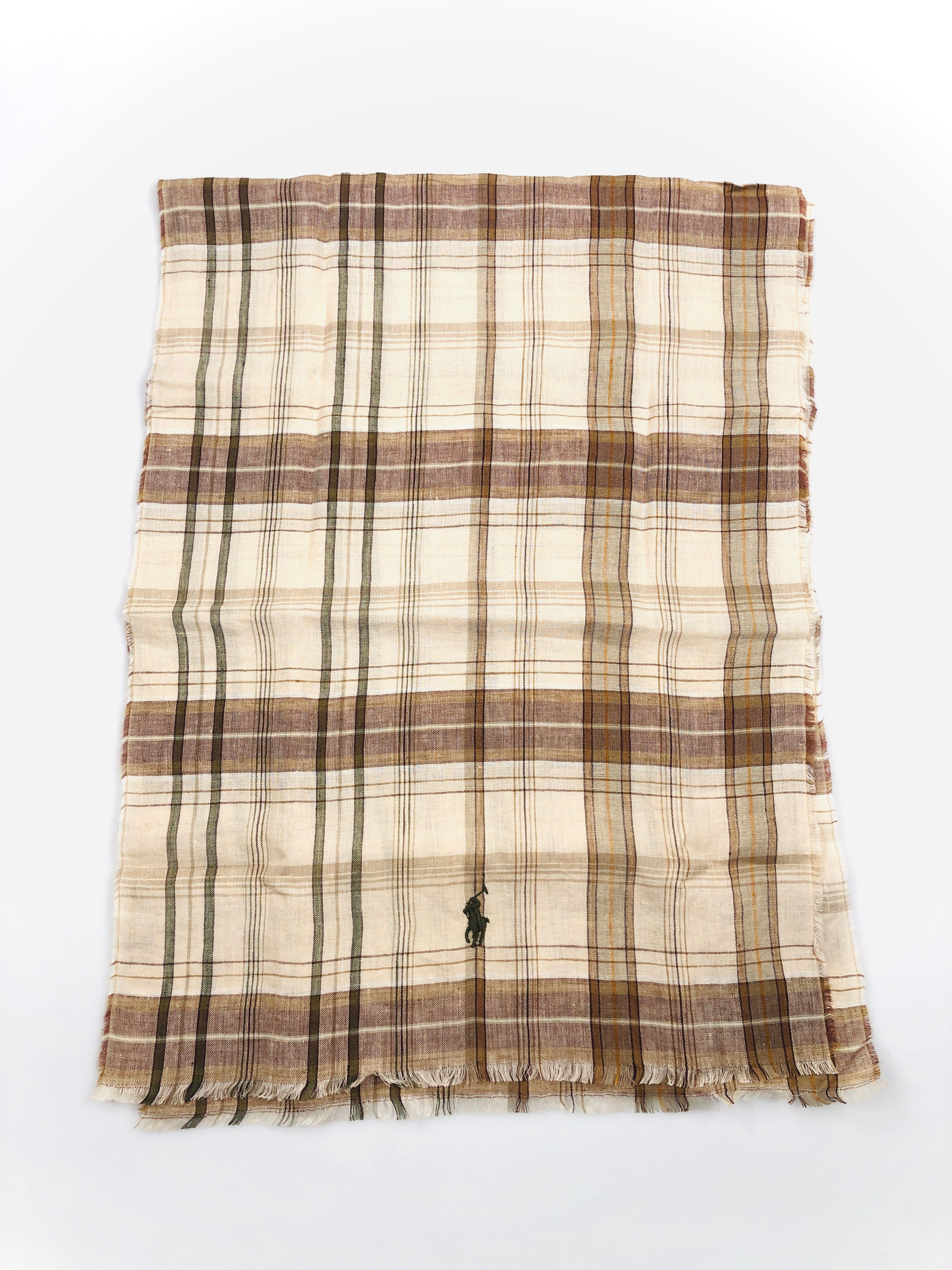 POLO RALPH LAUREN DESERT SAND PLAID LINEN NECK WRAP SCARF - Flashy Deals Store