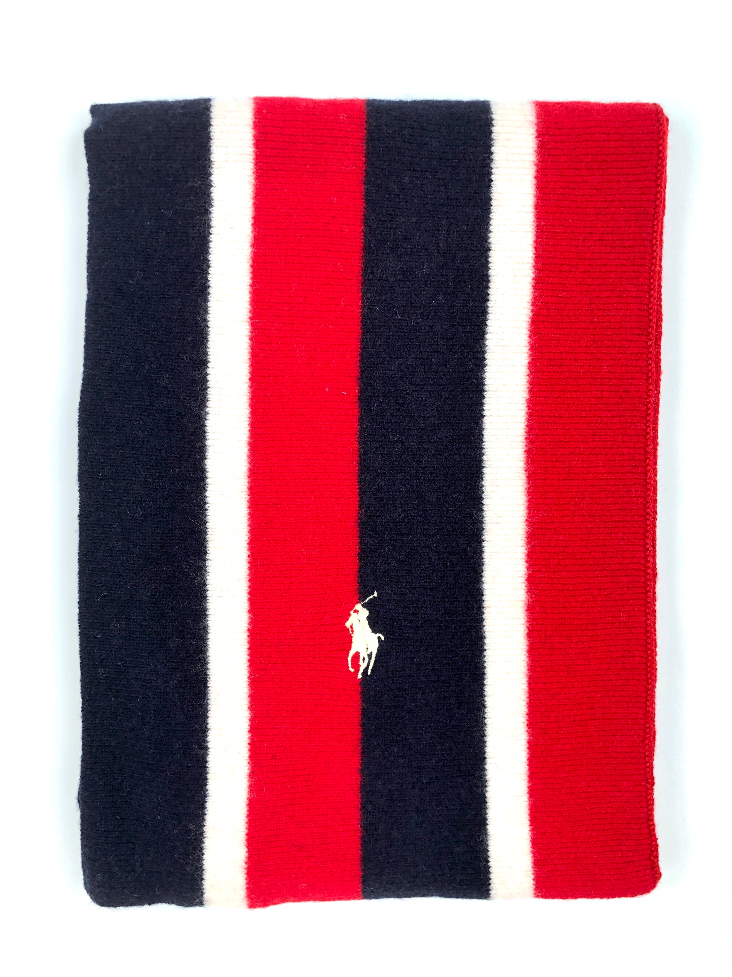 POLO RALPH LAUREN STRIPED MERINO-BLEND NAVY / RED / CREAM NECK WRAP WOOL SCARF - Flashy Deals Store