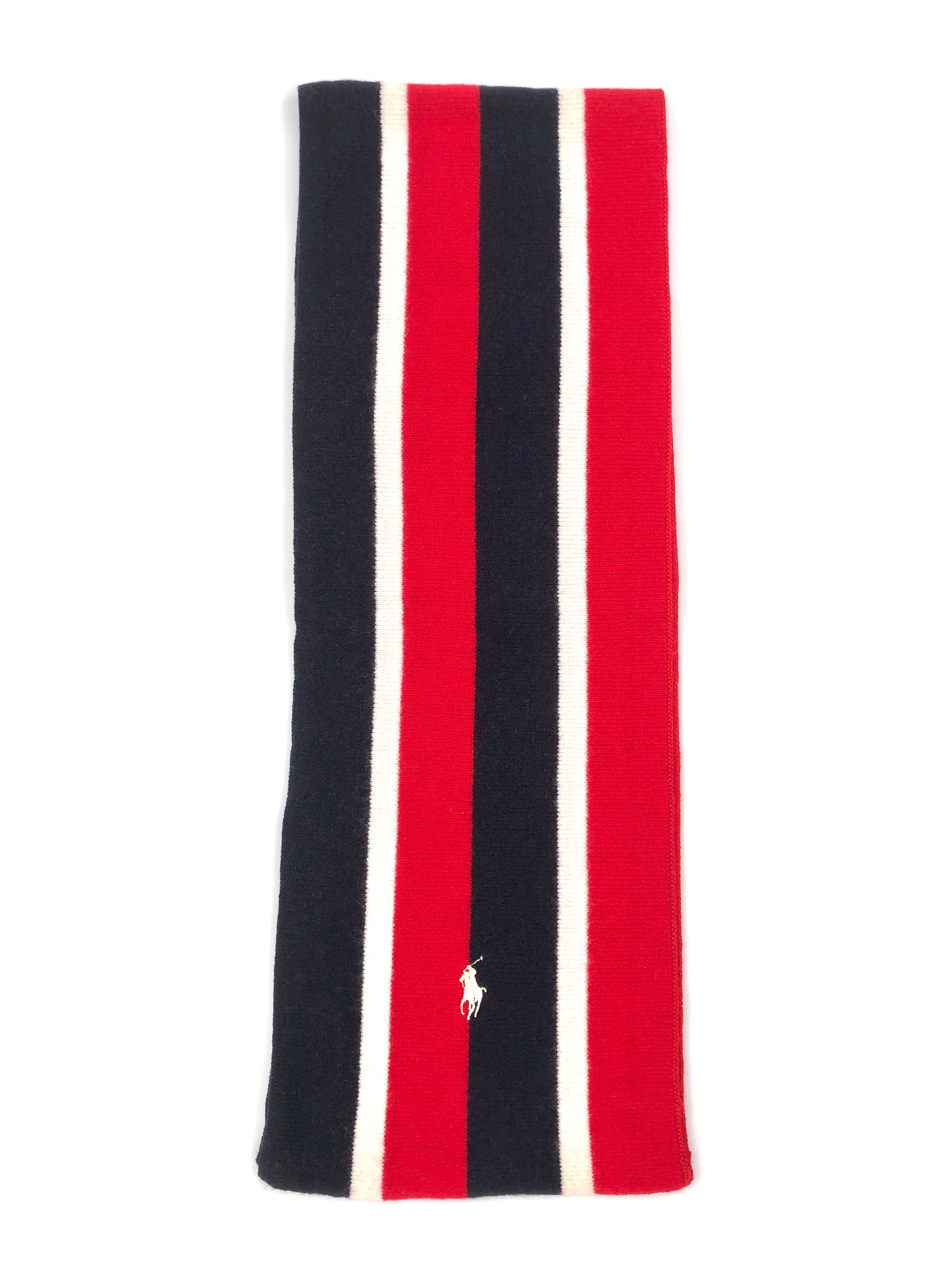 POLO RALPH LAUREN STRIPED MERINO-BLEND NAVY / RED / CREAM NECK WRAP WOOL SCARF - Flashy Deals Store