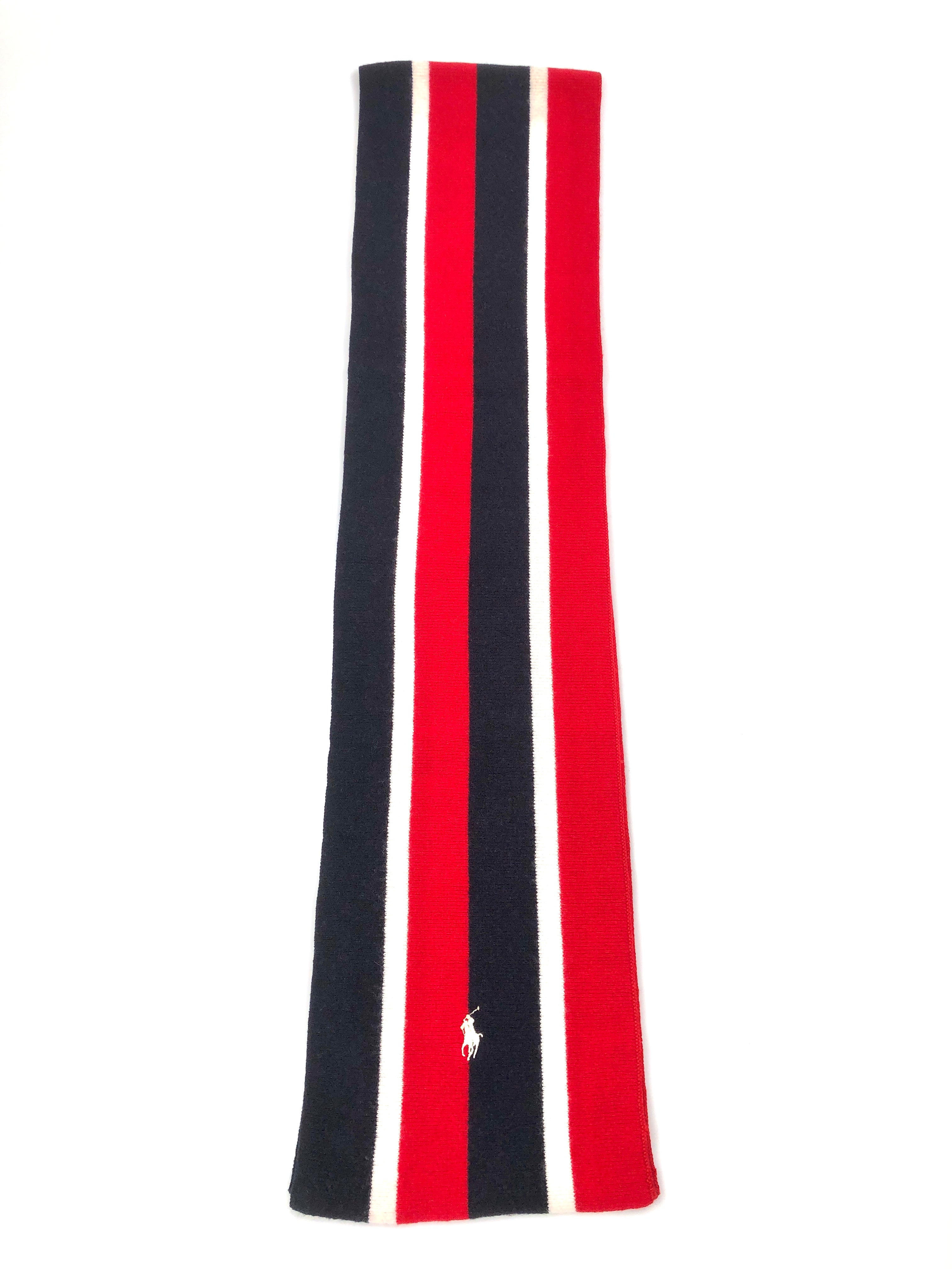 POLO RALPH LAUREN STRIPED MERINO-BLEND NAVY / RED / CREAM NECK WRAP WOOL SCARF - Flashy Deals Store