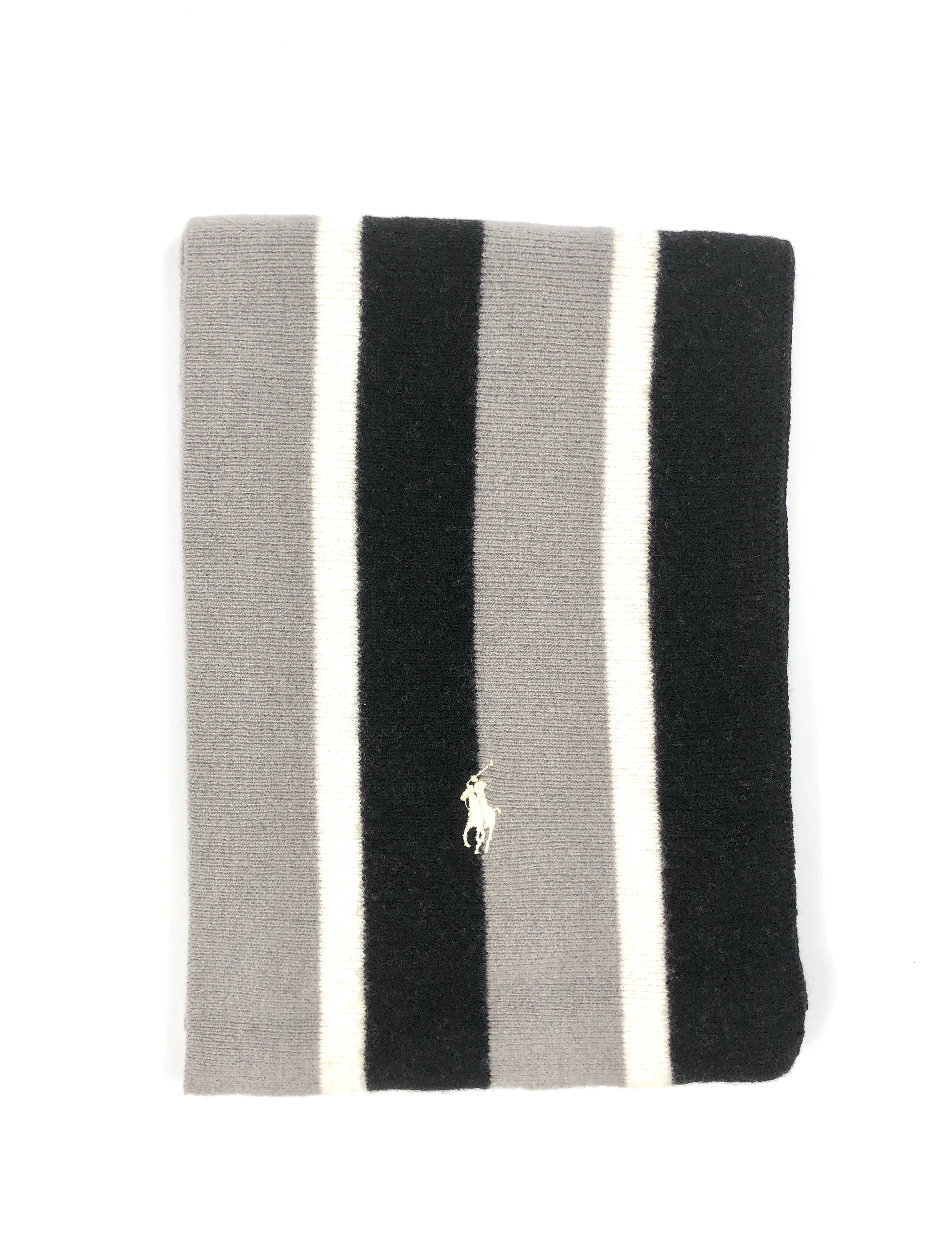 POLO RALPH LAUREN STRIPED MERINO-BLEND GREY / BLACK / CREAM NECK WRAP WOOL SCARF - Flashy Deals Store