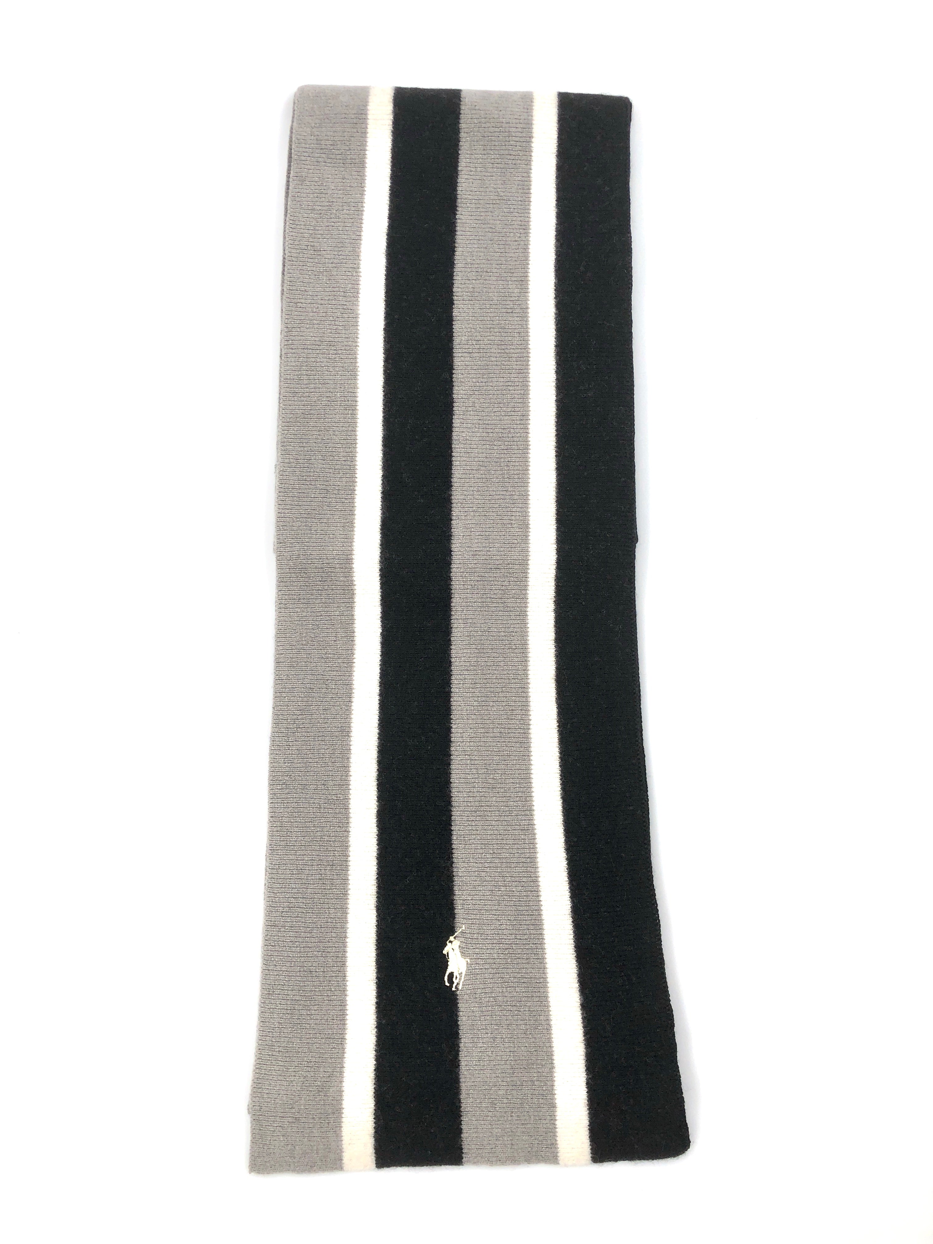 POLO RALPH LAUREN STRIPED MERINO-BLEND GREY / BLACK / CREAM NECK WRAP WOOL SCARF - Flashy Deals Store