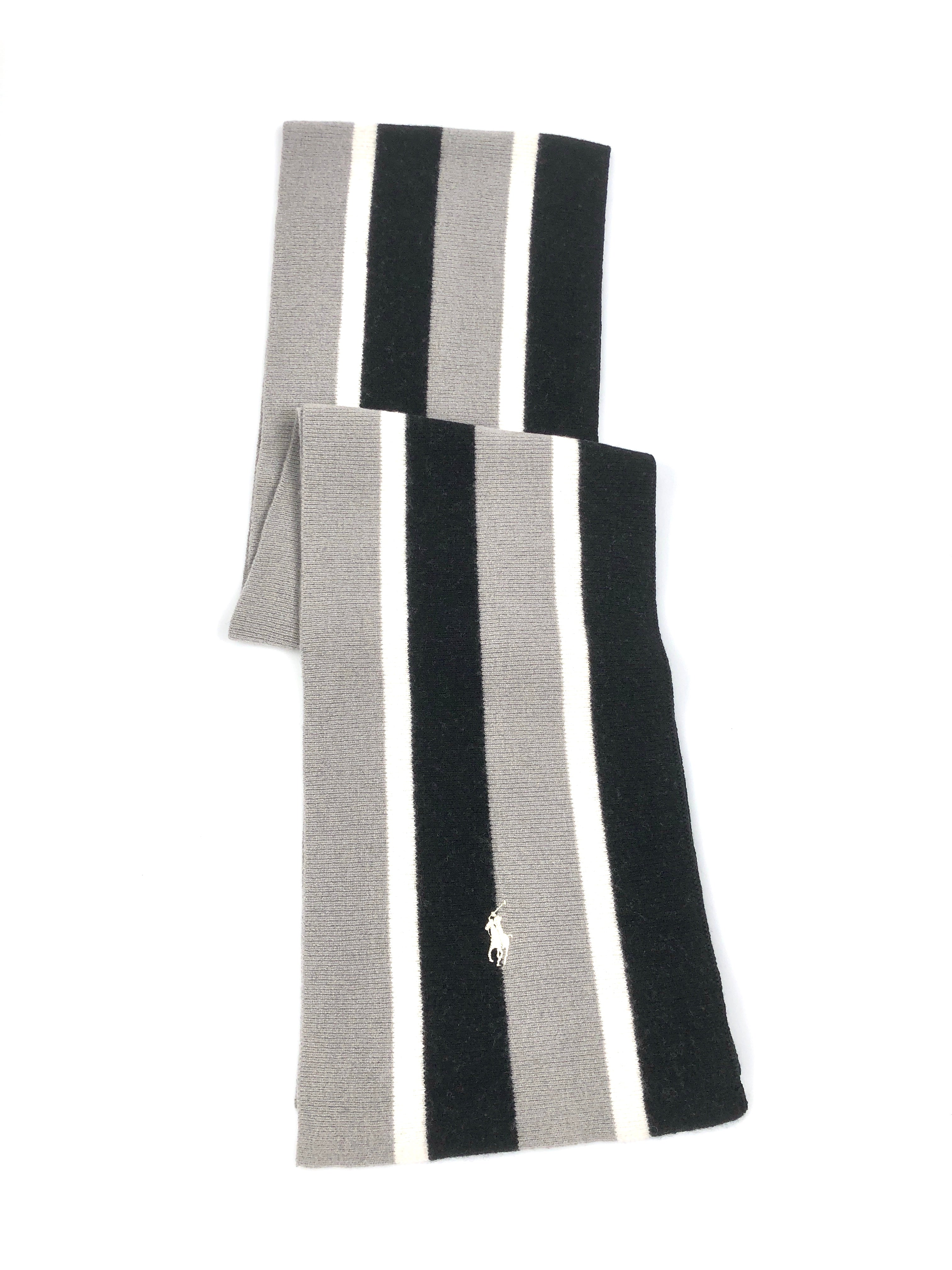 POLO RALPH LAUREN STRIPED MERINO-BLEND GREY / BLACK / CREAM NECK WRAP WOOL SCARF - Flashy Deals Store