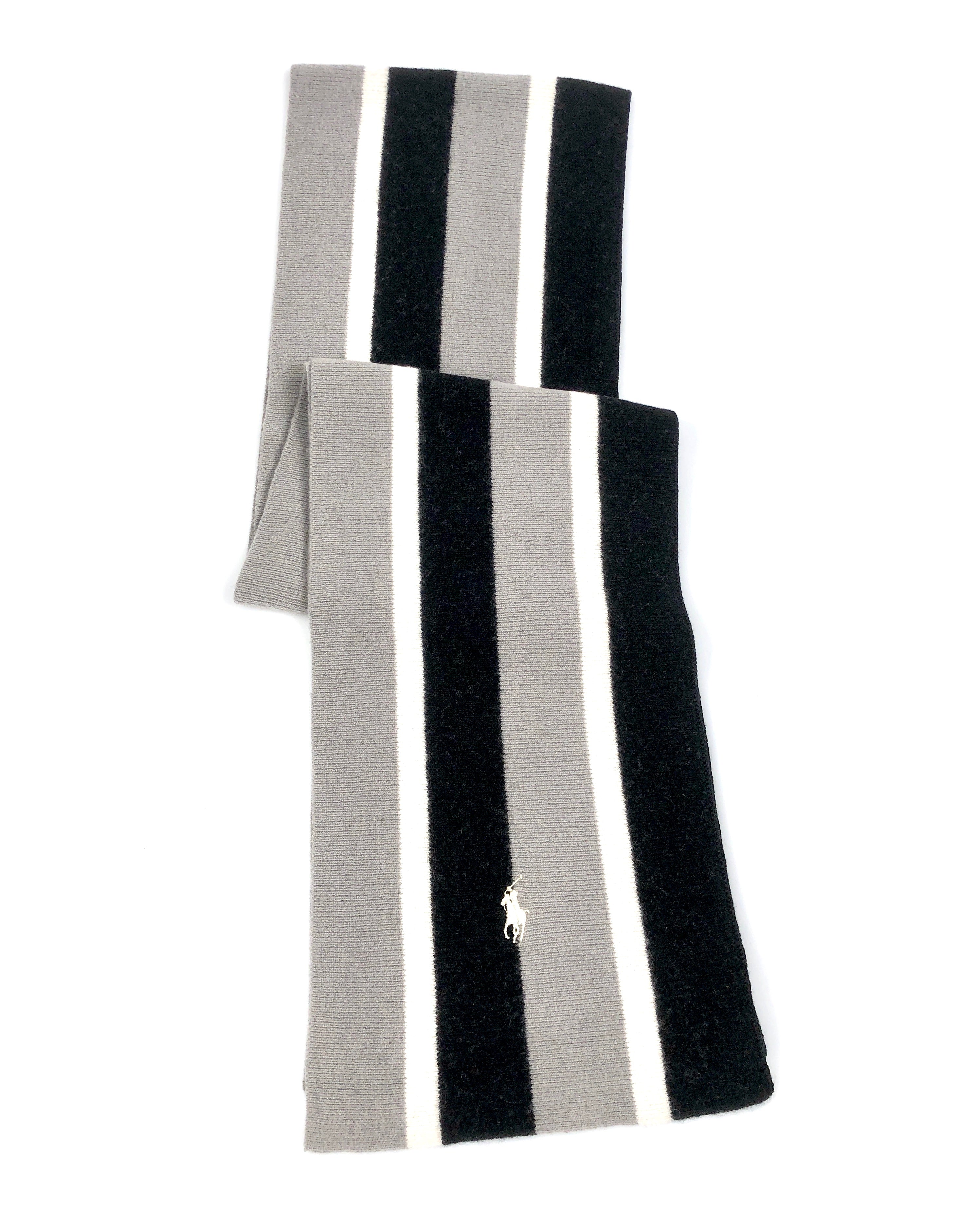 POLO RALPH LAUREN STRIPED MERINO-BLEND GREY / BLACK / CREAM NECK WRAP WOOL SCARF - Flashy Deals Store