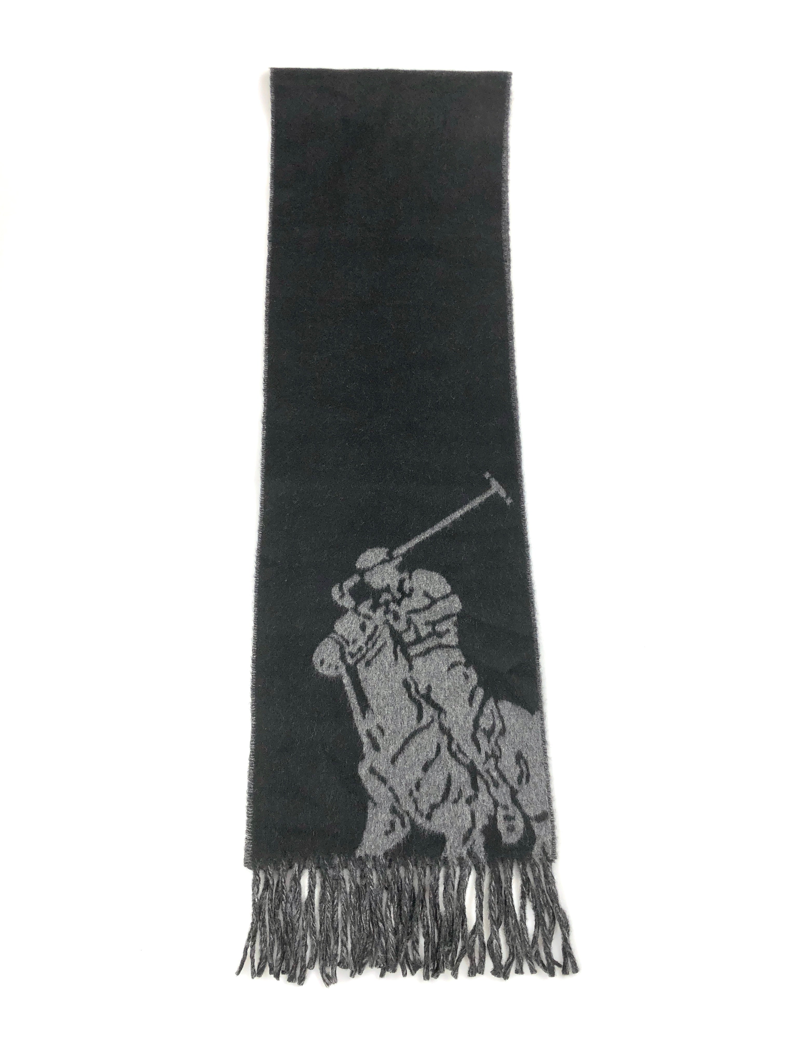 POLO RALPH LAUREN MERINO WOOL BLACK / GREY BIG PONY BLACK SCARF - Flashy Deals Store