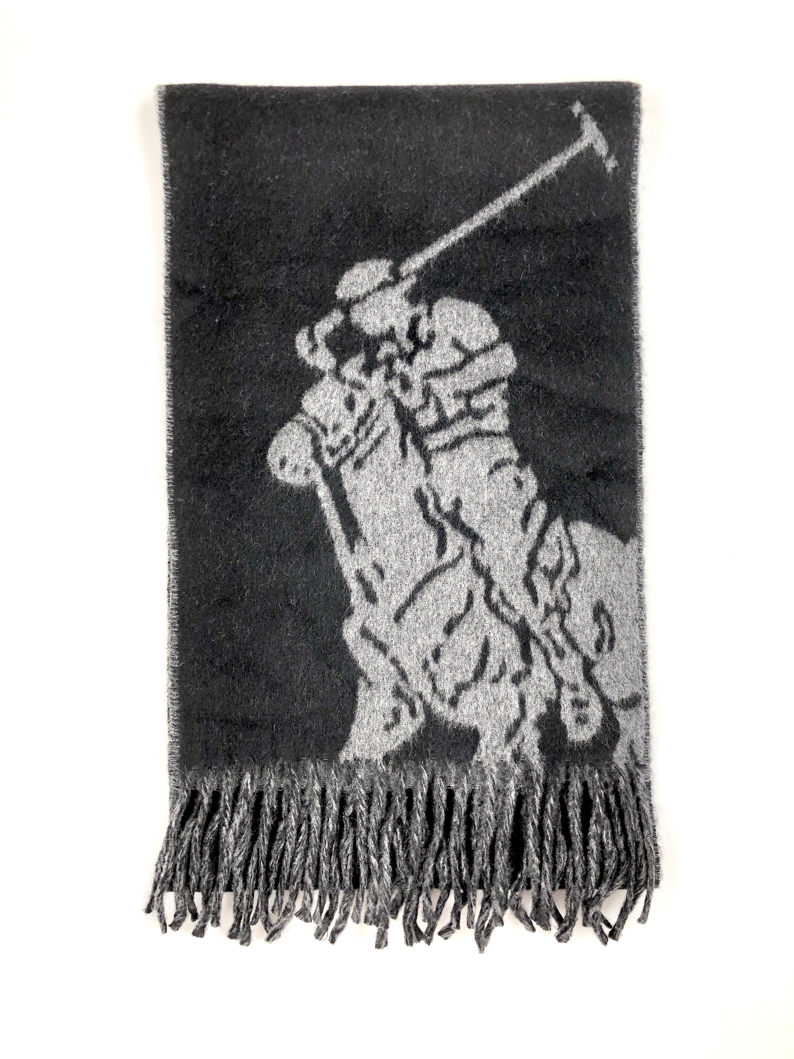 POLO RALPH LAUREN MERINO WOOL BLACK / GREY BIG PONY BLACK SCARF - Flashy Deals Store
