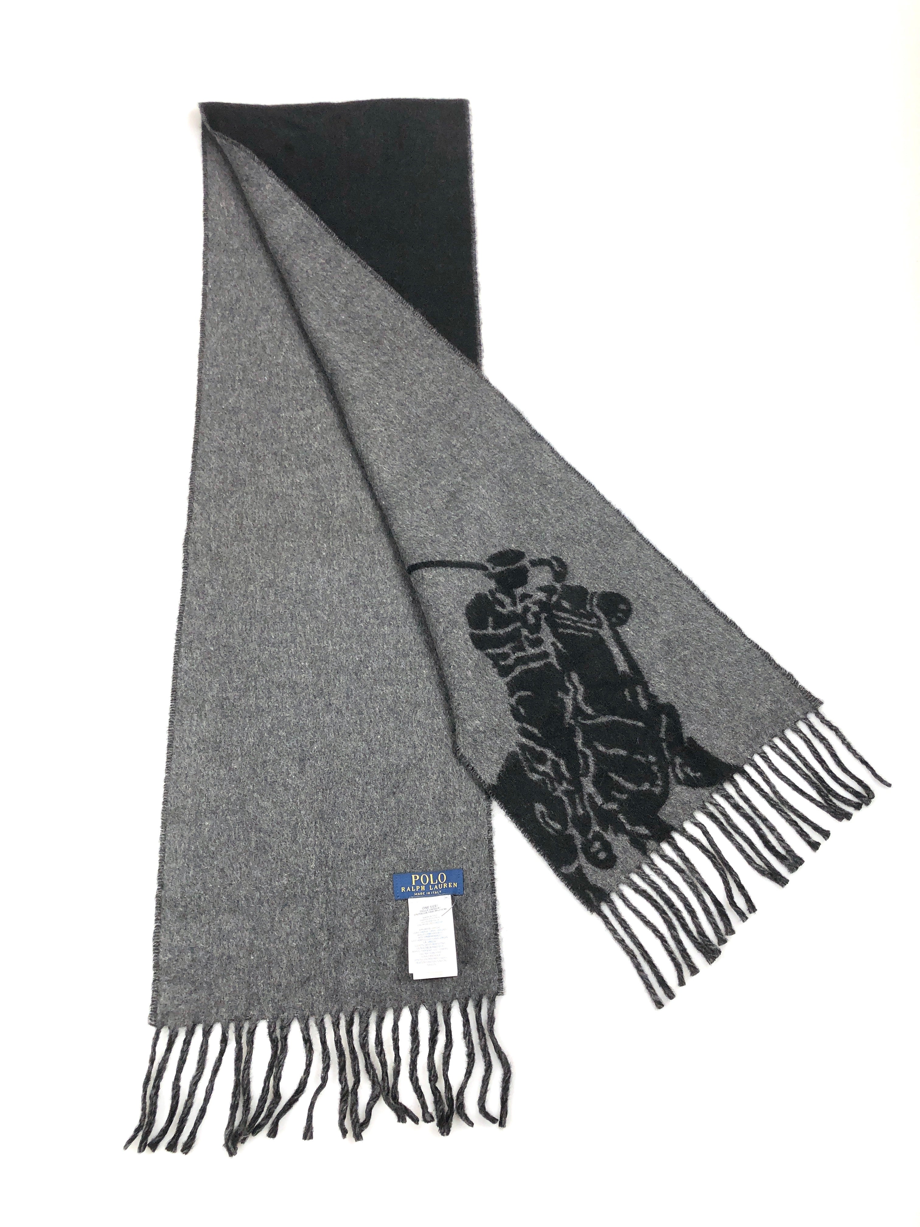 POLO RALPH LAUREN MERINO WOOL BLACK / GREY BIG PONY BLACK SCARF - Flashy Deals Store