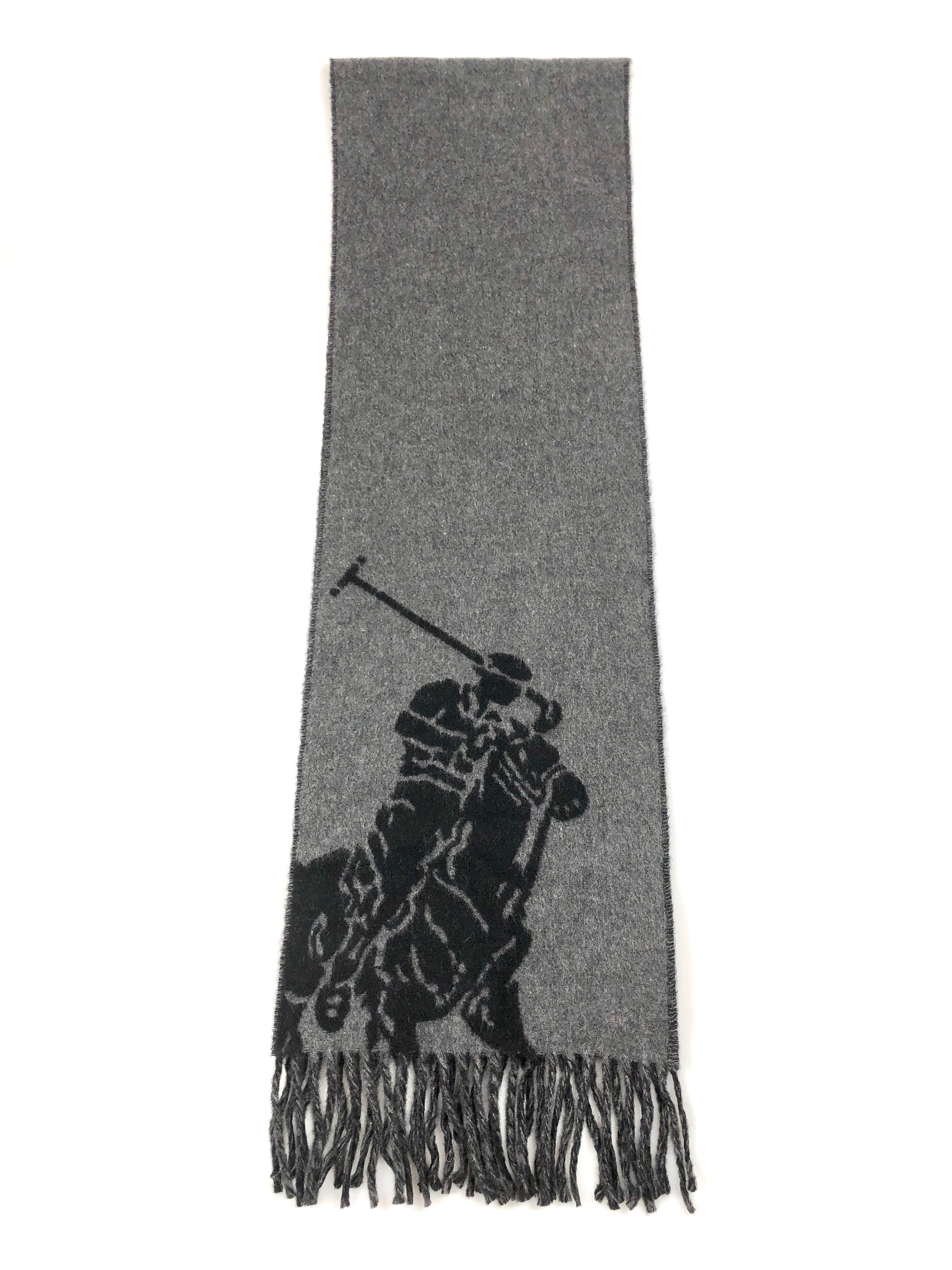 POLO RALPH LAUREN MERINO WOOL BLACK / GREY BIG PONY BLACK SCARF - Flashy Deals Store