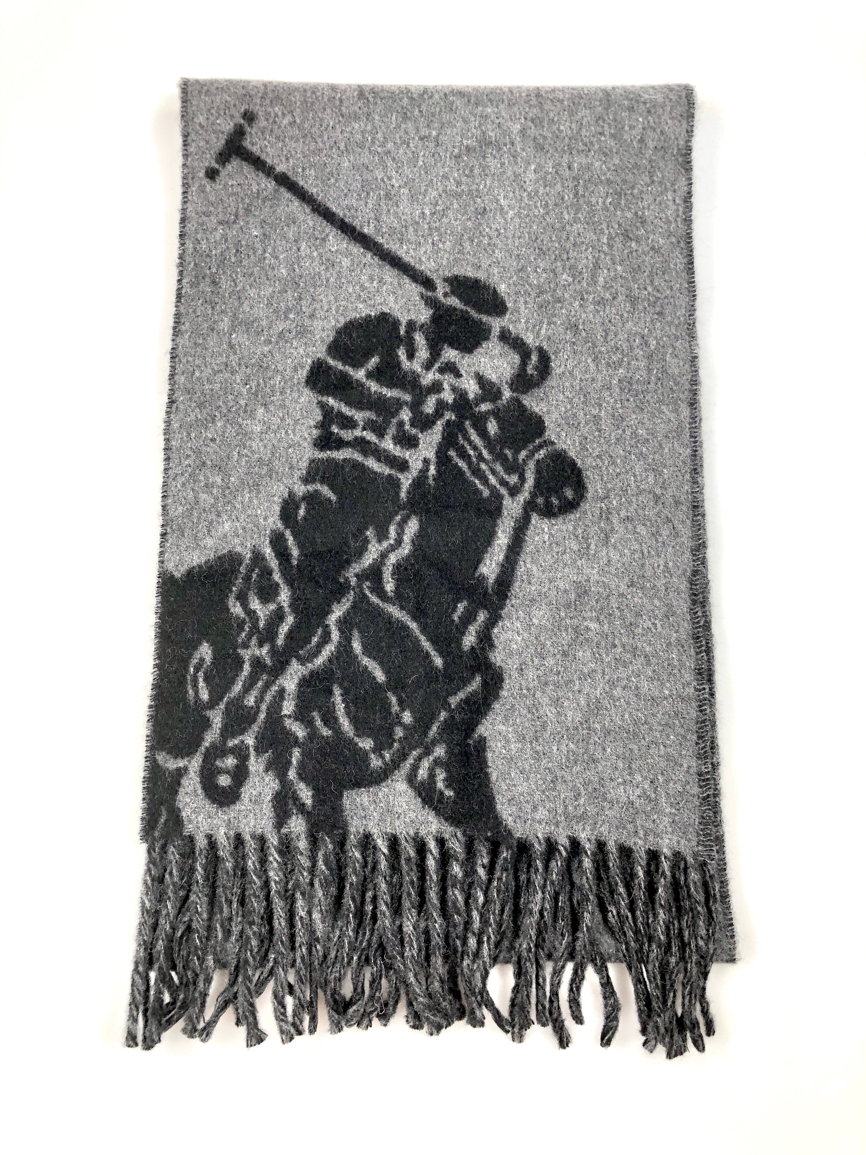POLO RALPH LAUREN MERINO WOOL BLACK / GREY BIG PONY BLACK SCARF - Flashy Deals Store
