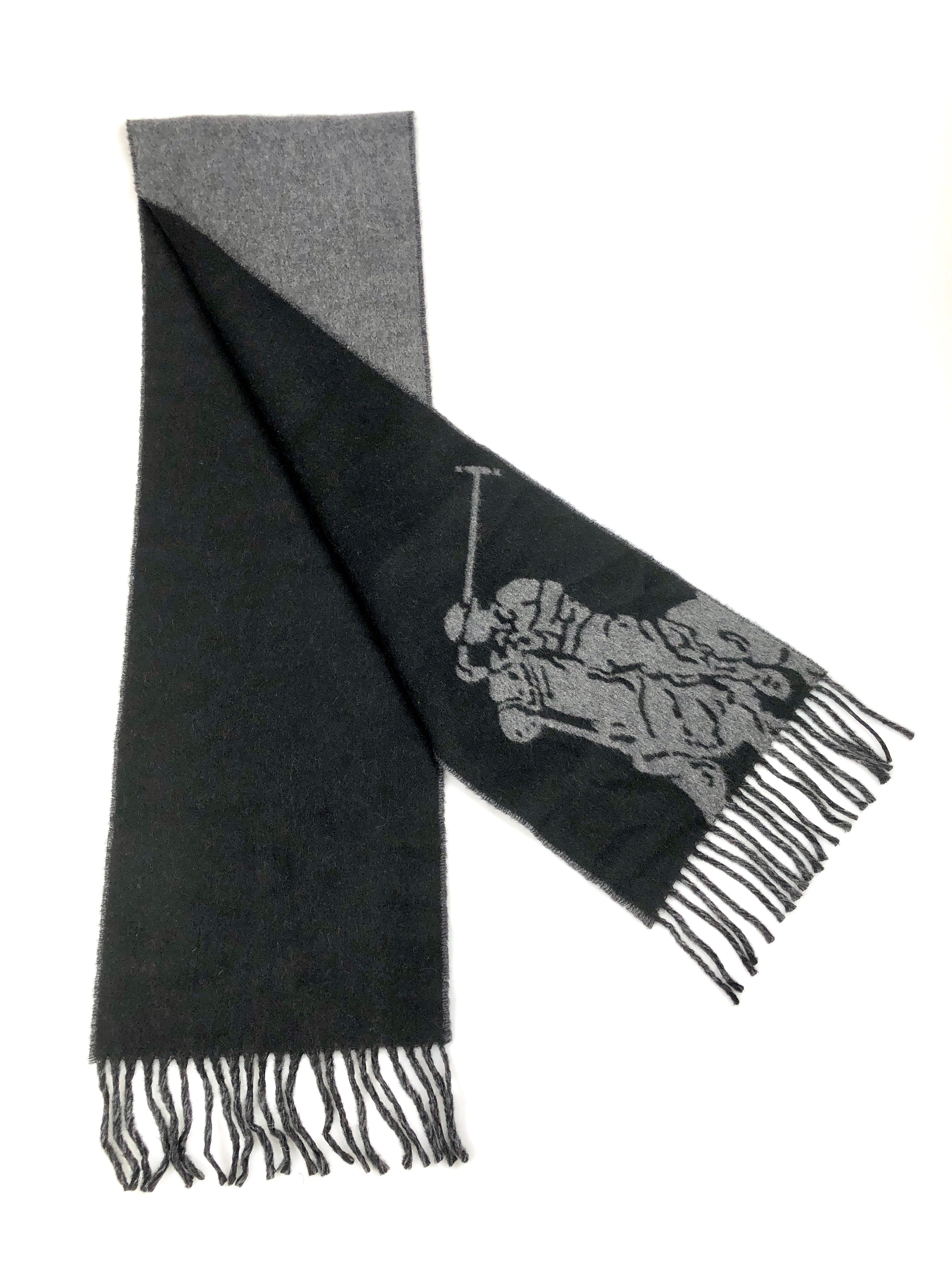 POLO RALPH LAUREN MERINO WOOL BLACK / GREY BIG PONY BLACK SCARF - Flashy Deals Store
