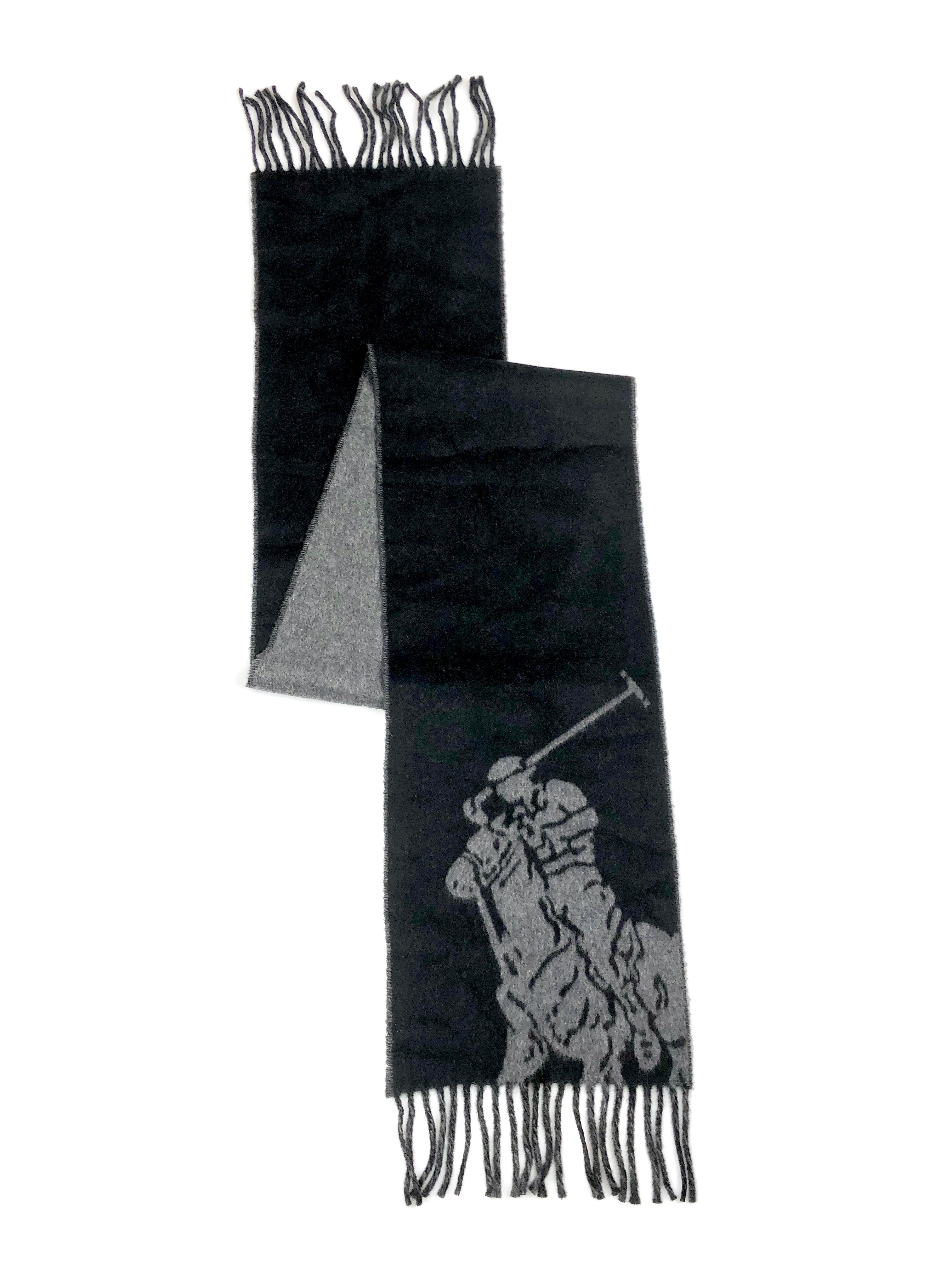 POLO RALPH LAUREN MERINO WOOL BLACK / GREY BIG PONY BLACK SCARF - Flashy Deals Store