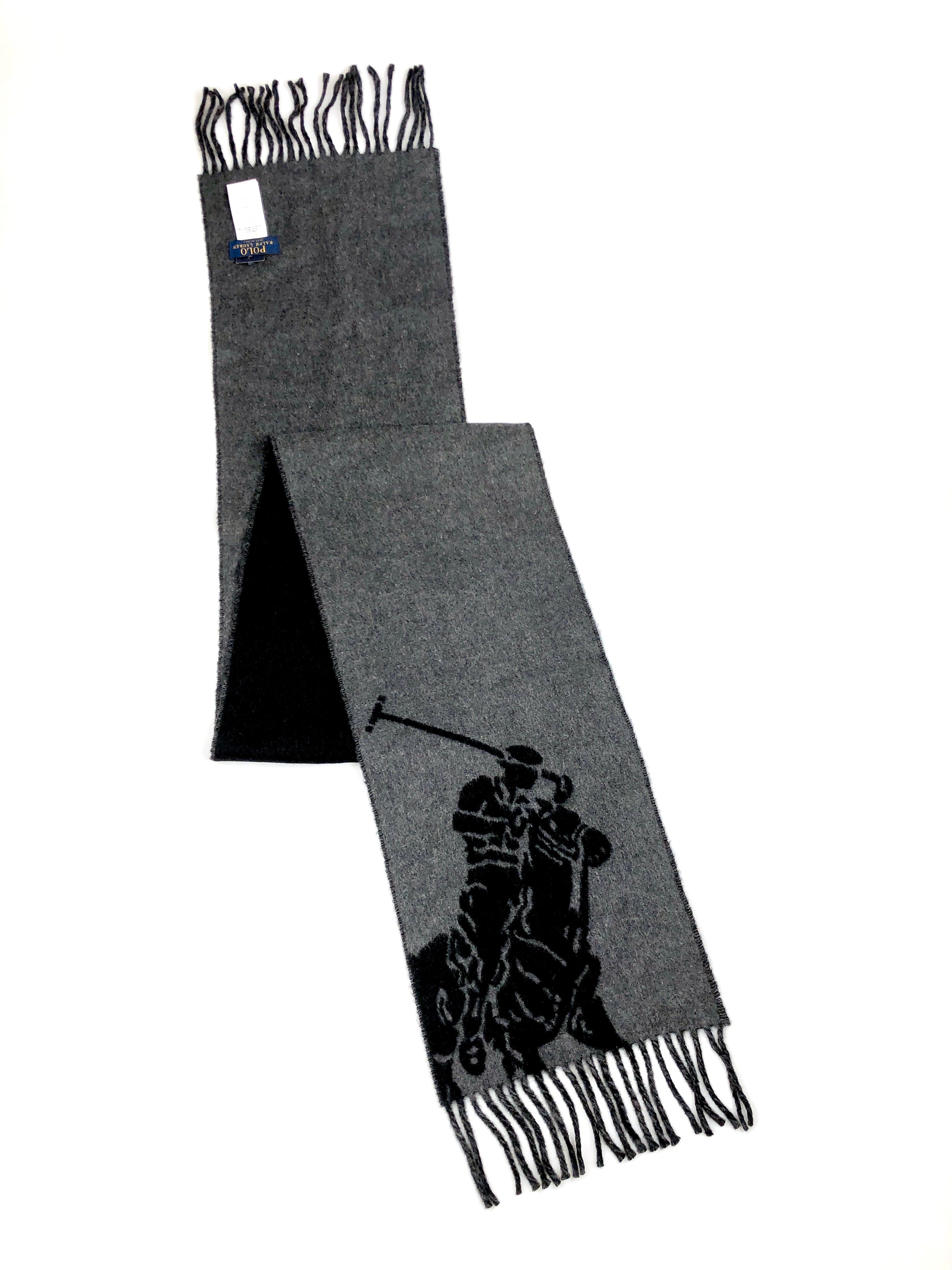 POLO RALPH LAUREN MERINO WOOL BLACK / GREY BIG PONY BLACK SCARF - Flashy Deals Store