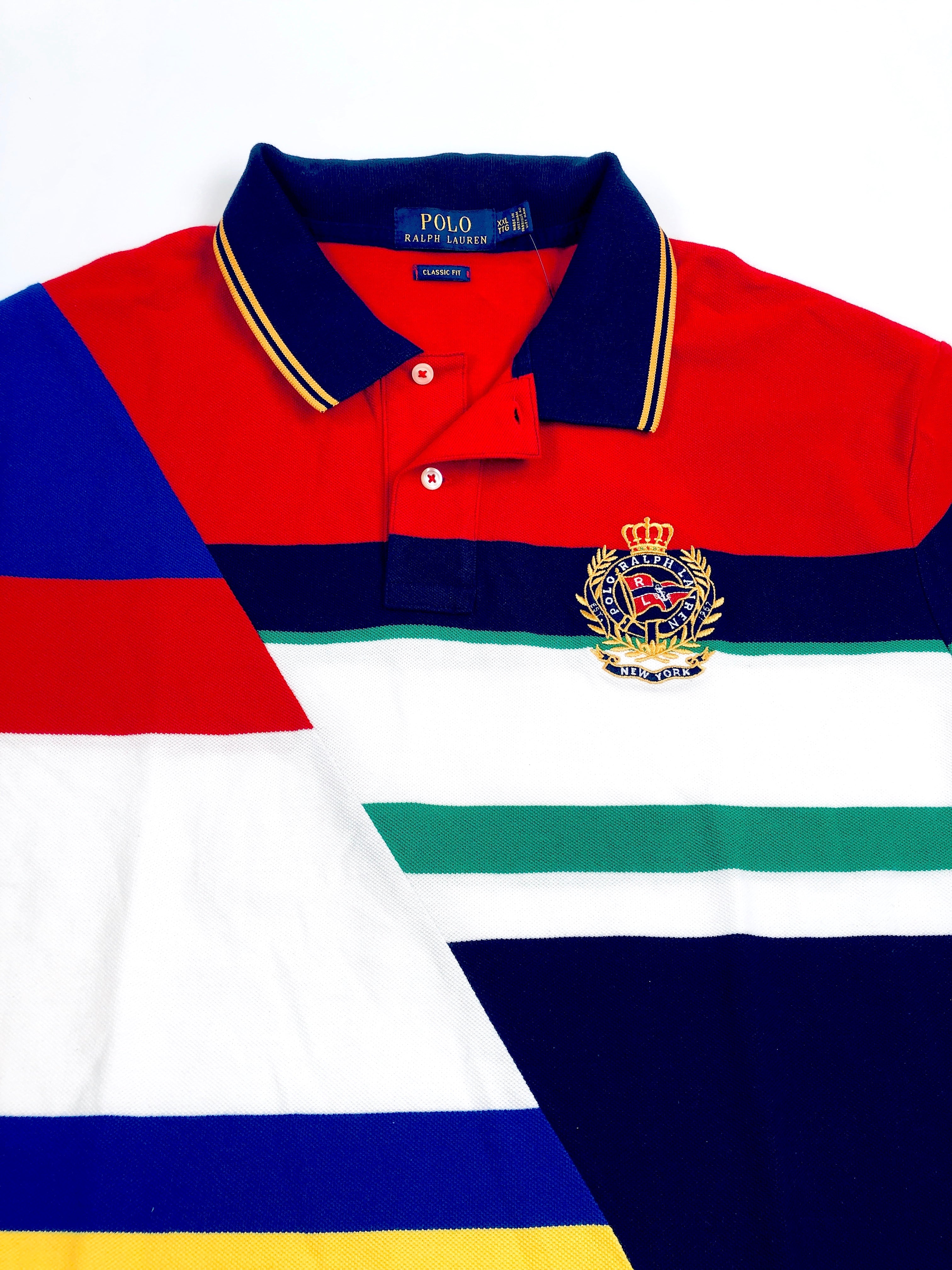 POLO RALPH LAUREN CLASSIC FIT DIAGONAL CUT NAVY MULTI STRIPED MESH POLO SHIRT - Flashy Deals Store