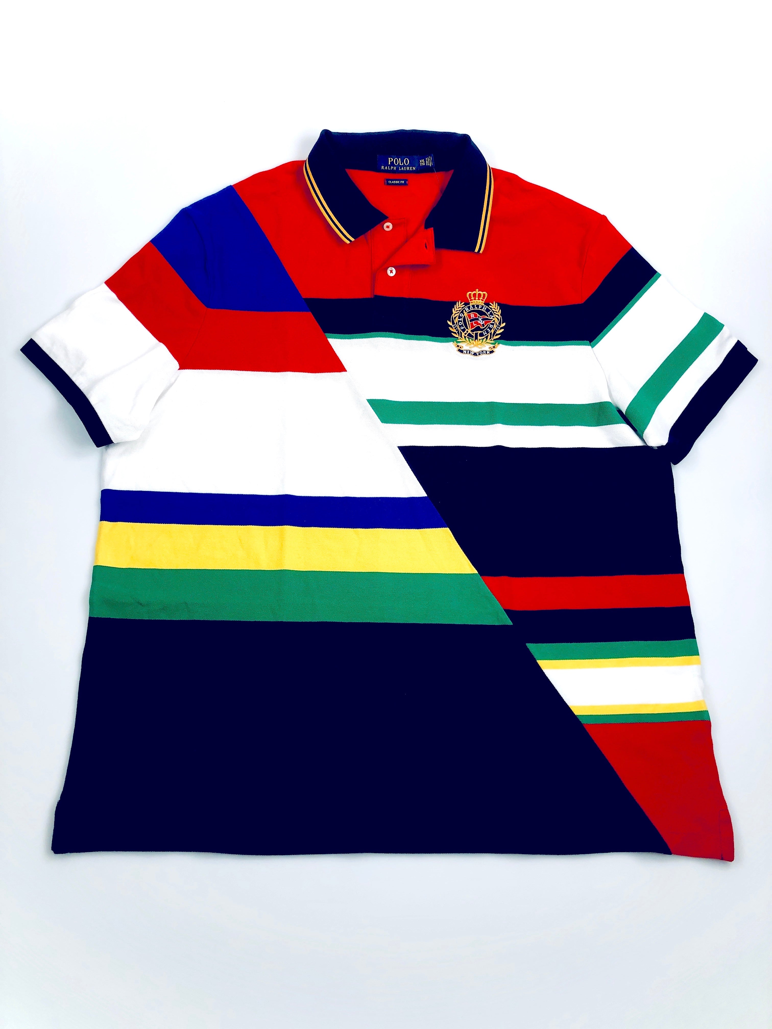 POLO RALPH LAUREN CLASSIC FIT DIAGONAL CUT NAVY MULTI STRIPED MESH POLO SHIRT - Flashy Deals Store