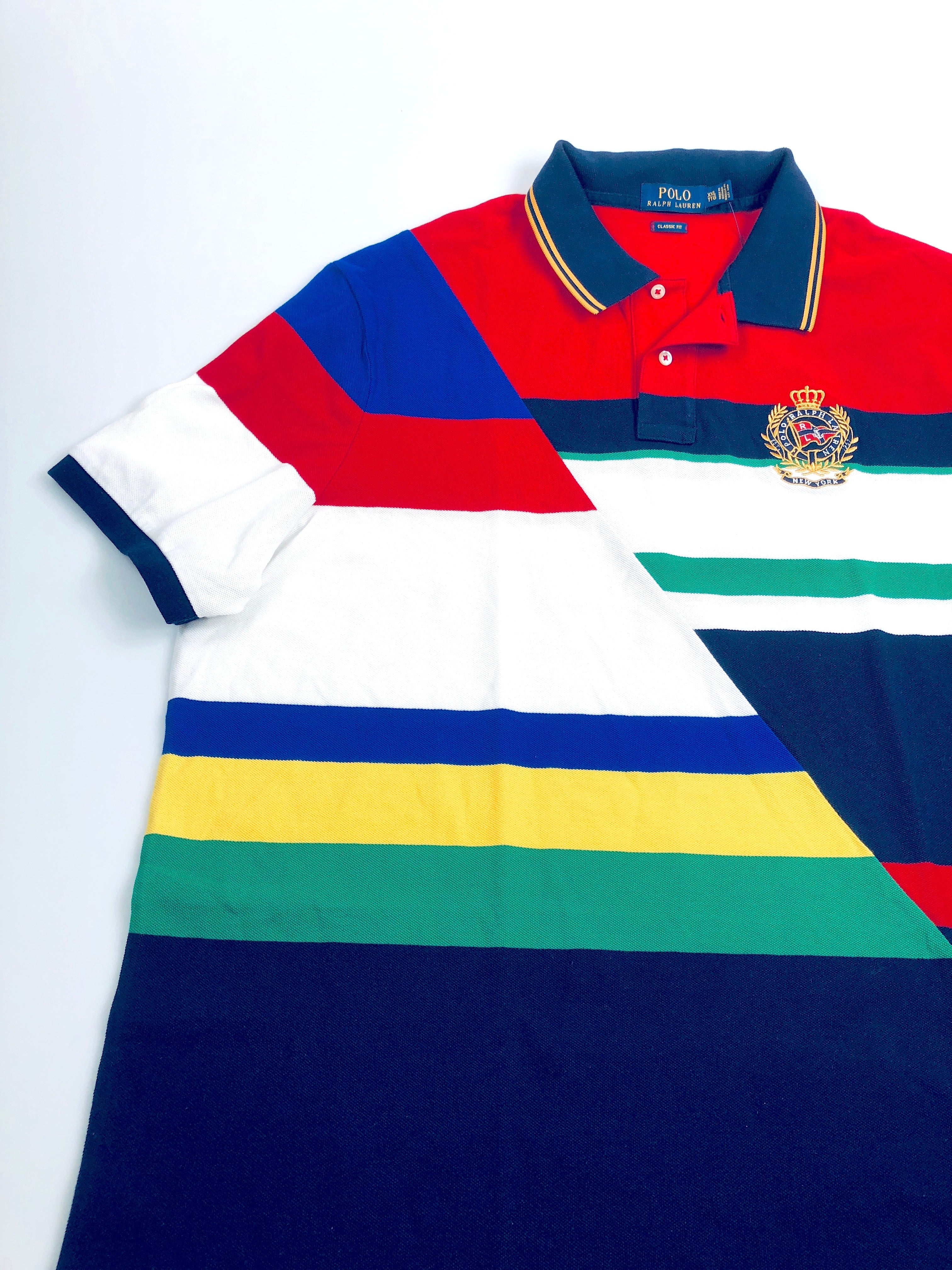 POLO RALPH LAUREN CLASSIC FIT DIAGONAL CUT NAVY MULTI STRIPED MESH POLO SHIRT - Flashy Deals Store