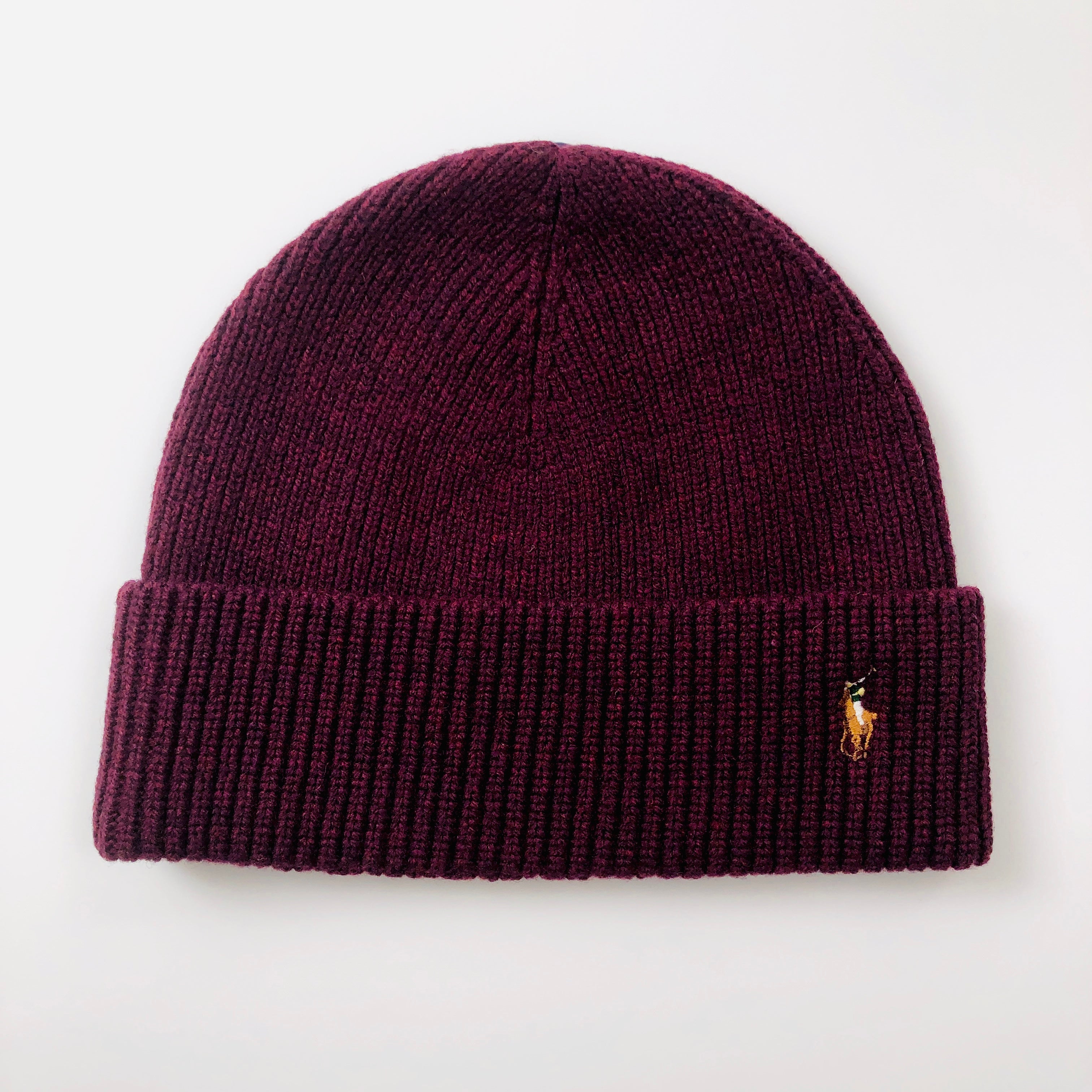 POLO RALPH LAUREN MERINO LAMBSWOOL WINE HEATHER BEANIE HAT - Flashy Deals Store