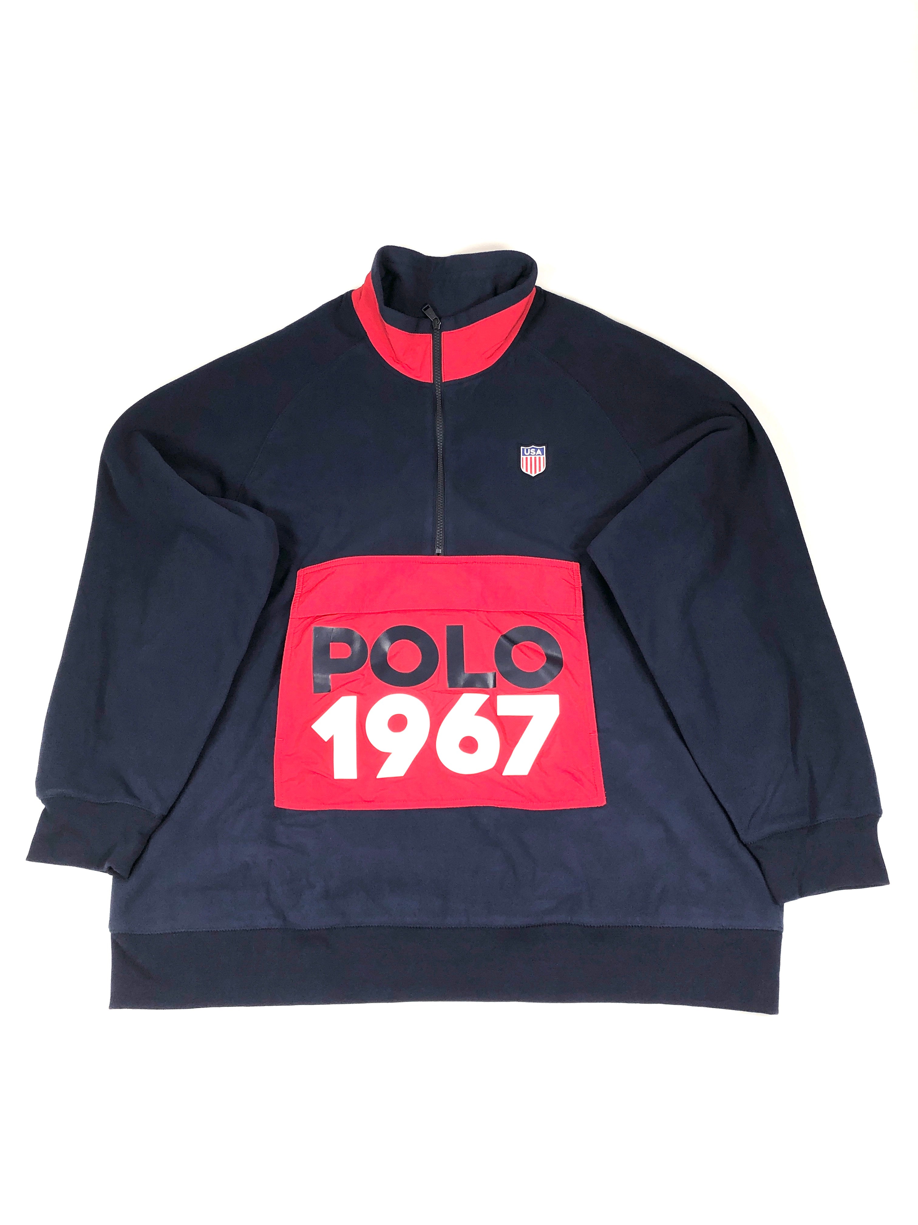 2XL Polo Ralph Lauren USA Flag Shield POLO 1967 Front Pouch Fleece Pullover Sweatshirt - Flashy Deals Store