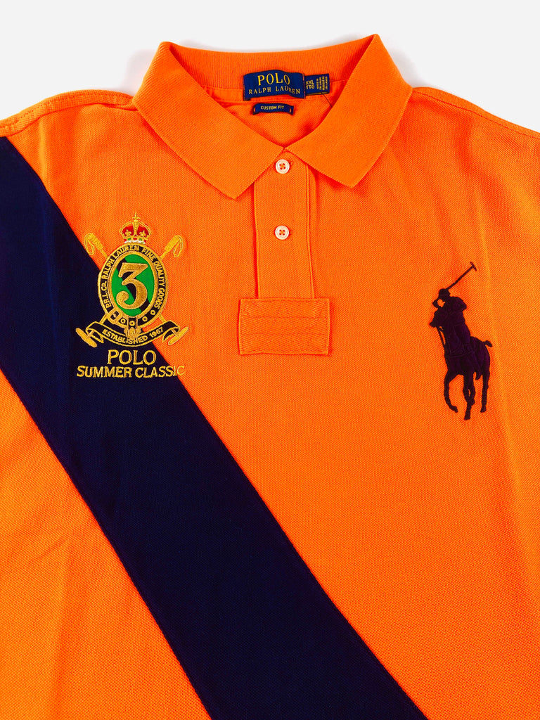 POLO RALPH LAUREN NAVY PONY CUSTOM FIT PRL ORANGE NAVY RUGBY MESH POLO SHIRT - Flashy Deals Store