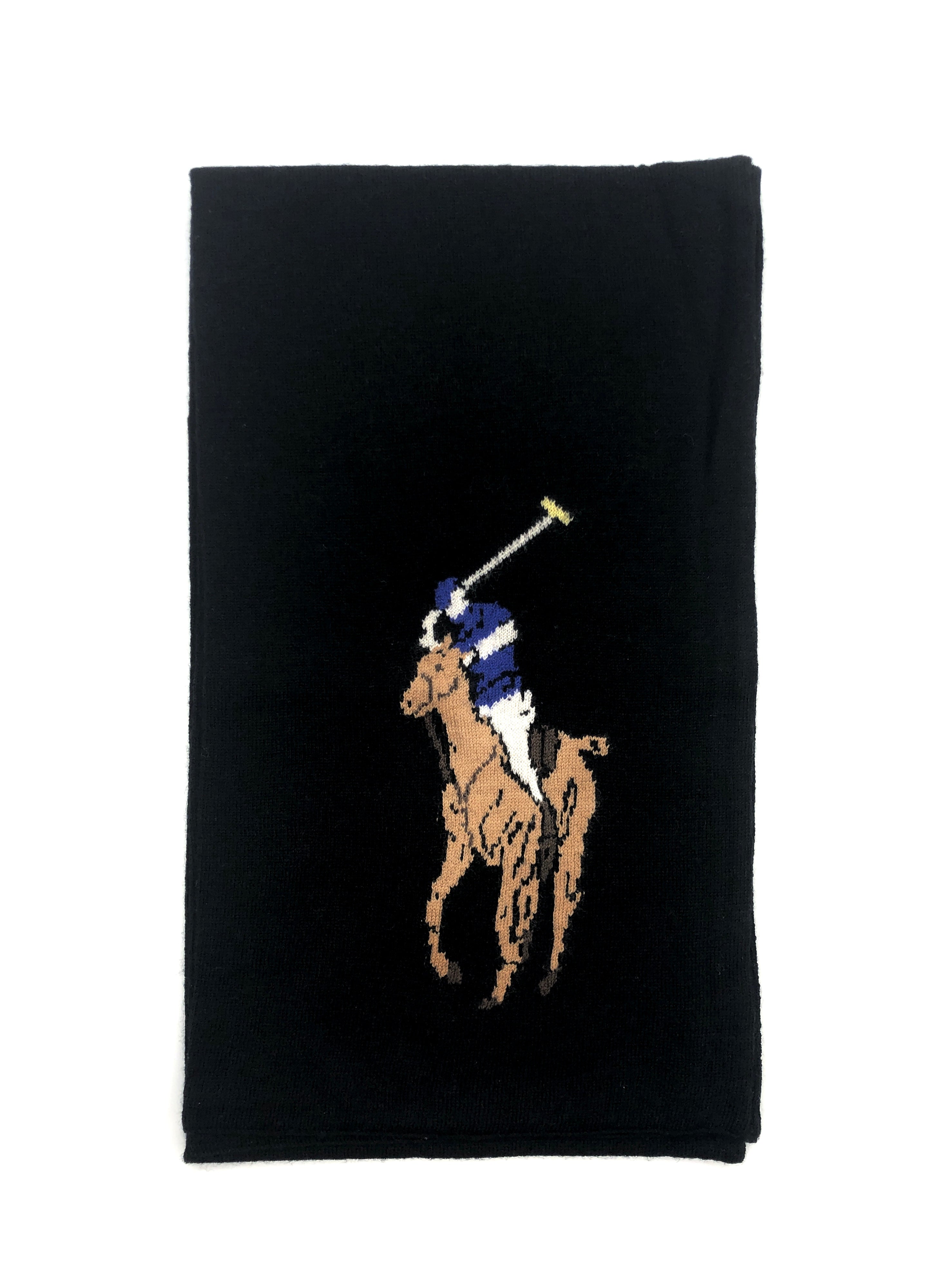 POLO RALPH LAUREN MERINO WOOL COLOR BIG PONY BLACK SCARF - Flashy Deals Store