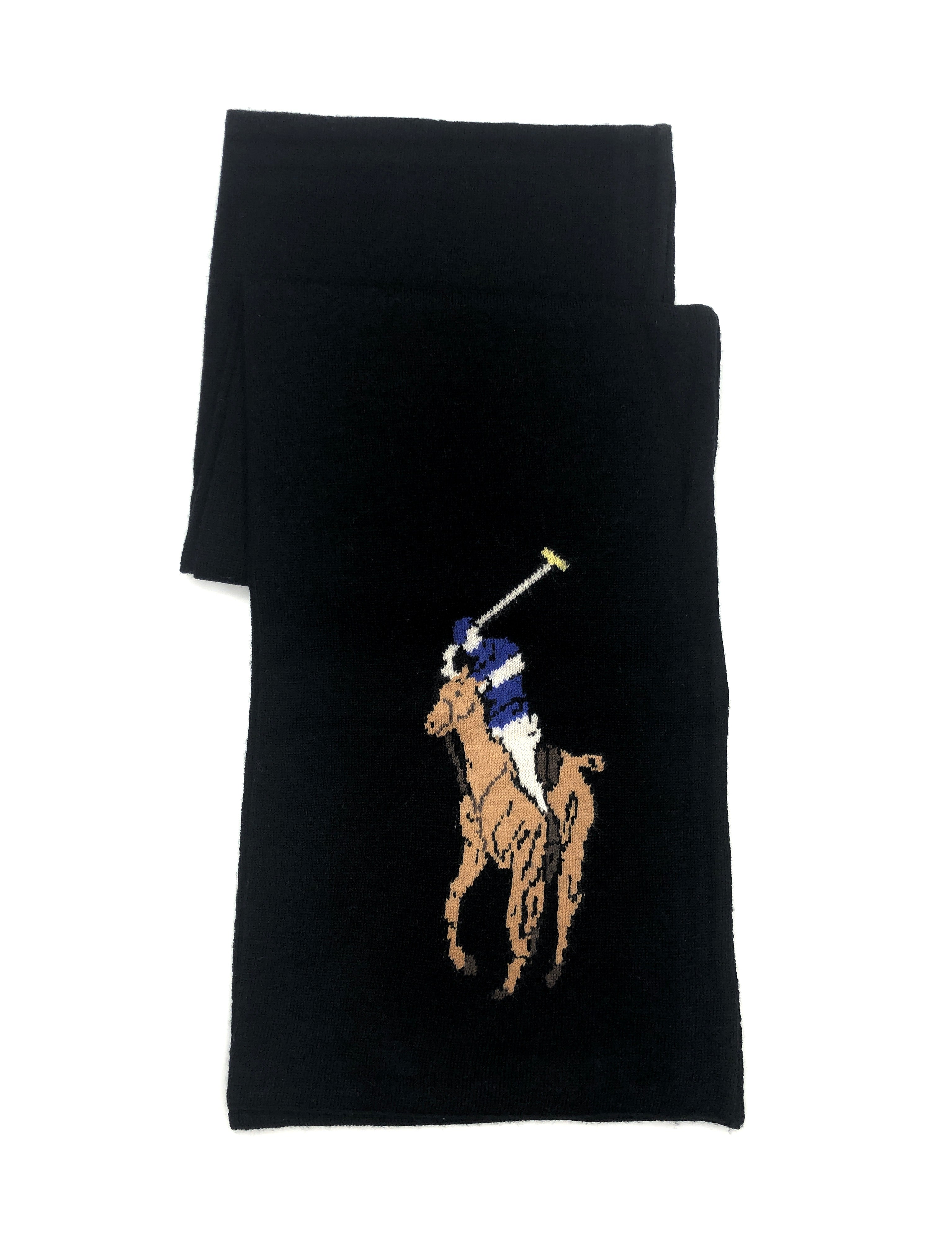 POLO RALPH LAUREN MERINO WOOL COLOR BIG PONY BLACK SCARF - Flashy Deals Store
