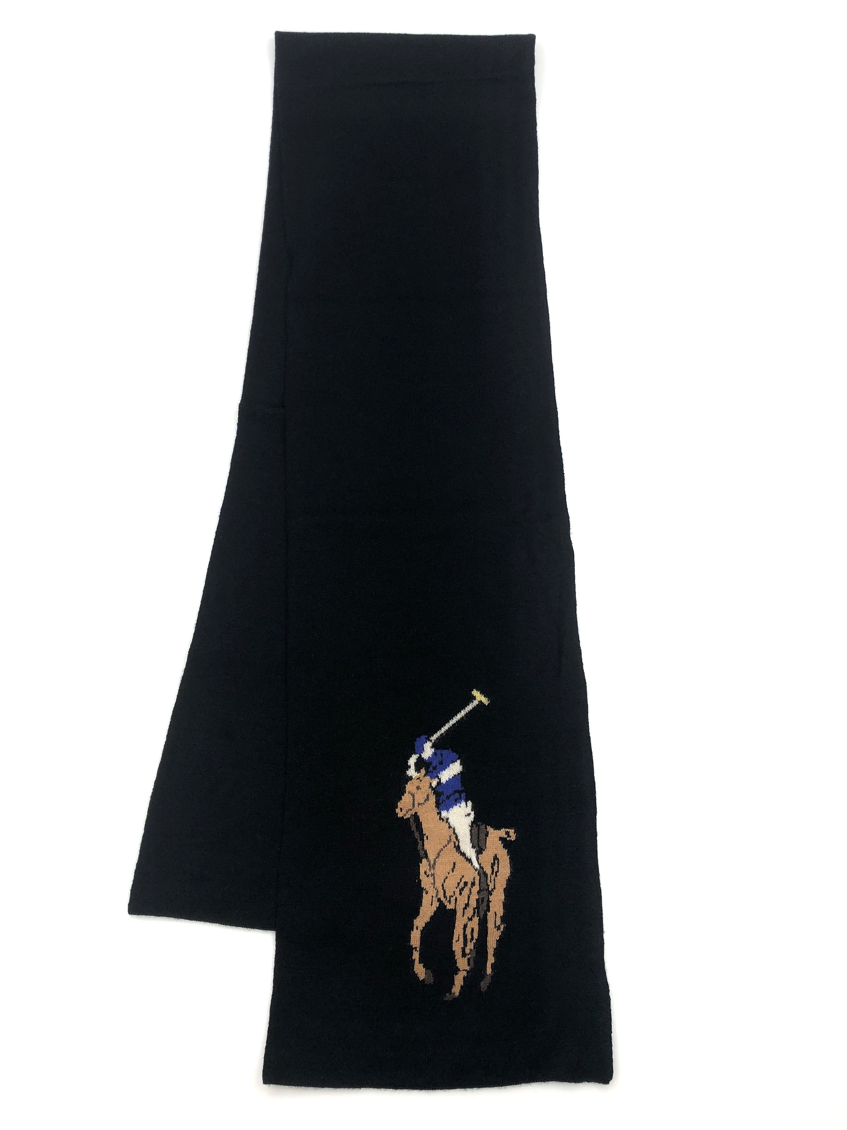 POLO RALPH LAUREN MERINO WOOL COLOR BIG PONY BLACK SCARF - Flashy Deals Store