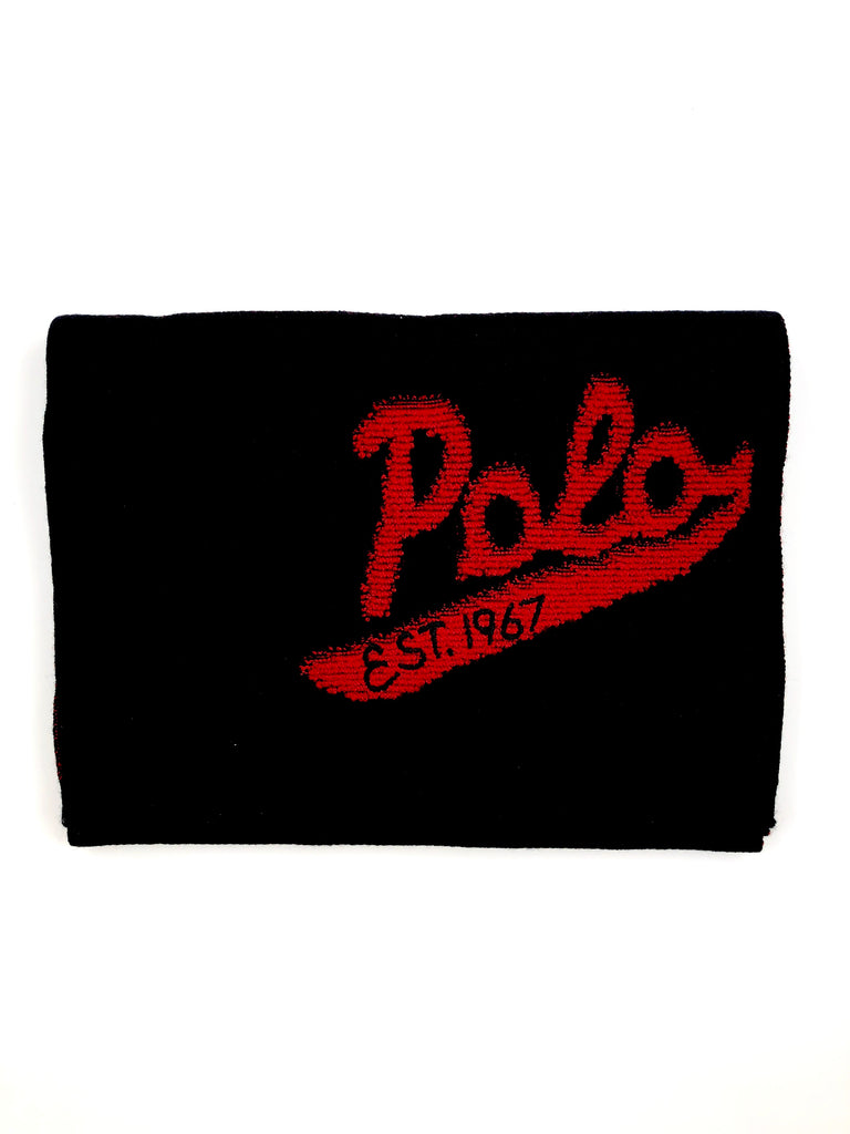 POLO RALPH LAUREN BLACK MERINO WOOL NECK WRAP RED LETTER POLO SCARF - Flashy Deals Store