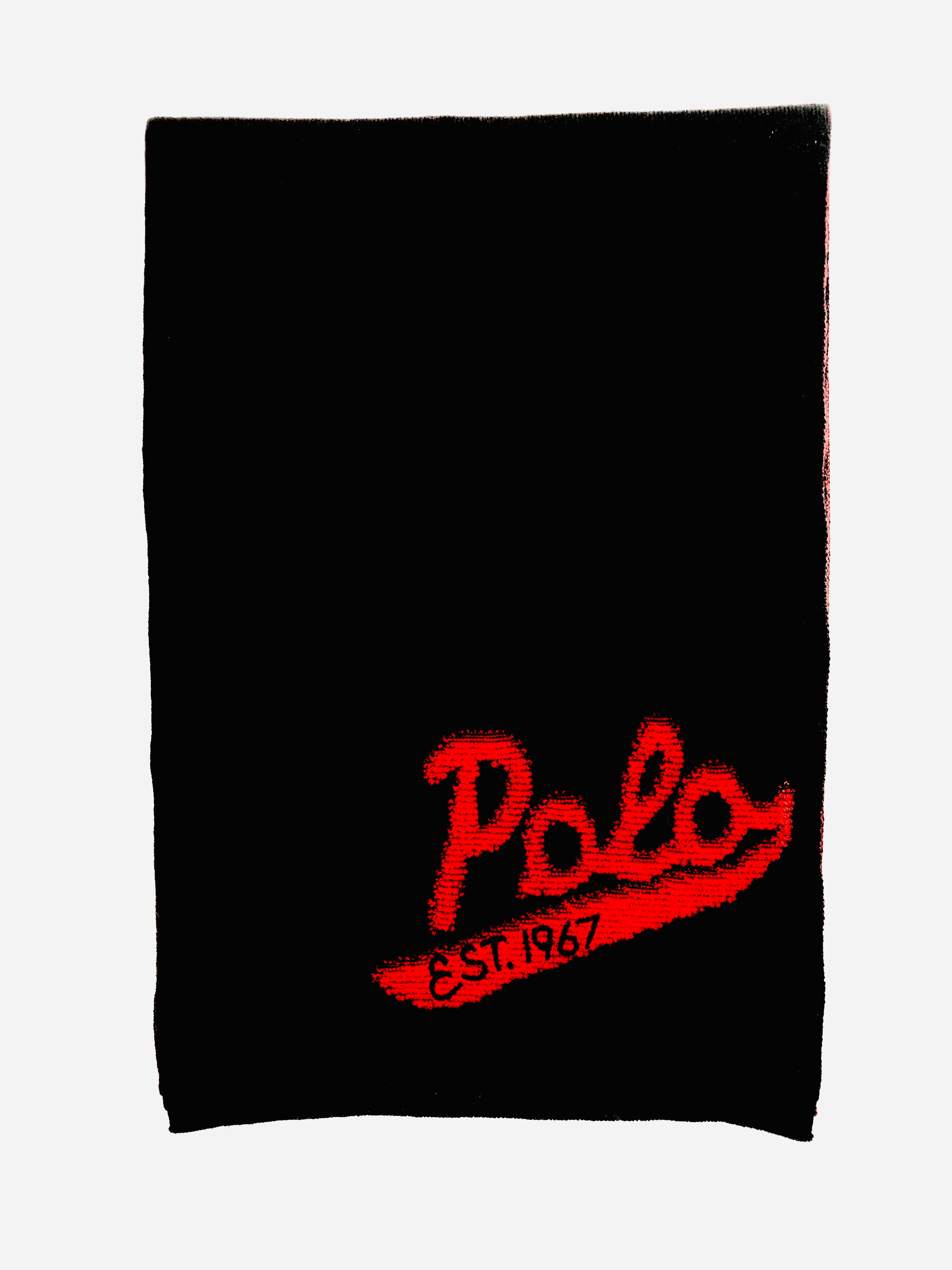 POLO RALPH LAUREN BLACK MERINO WOOL NECK WRAP RED LETTER POLO SCARF - Flashy Deals Store