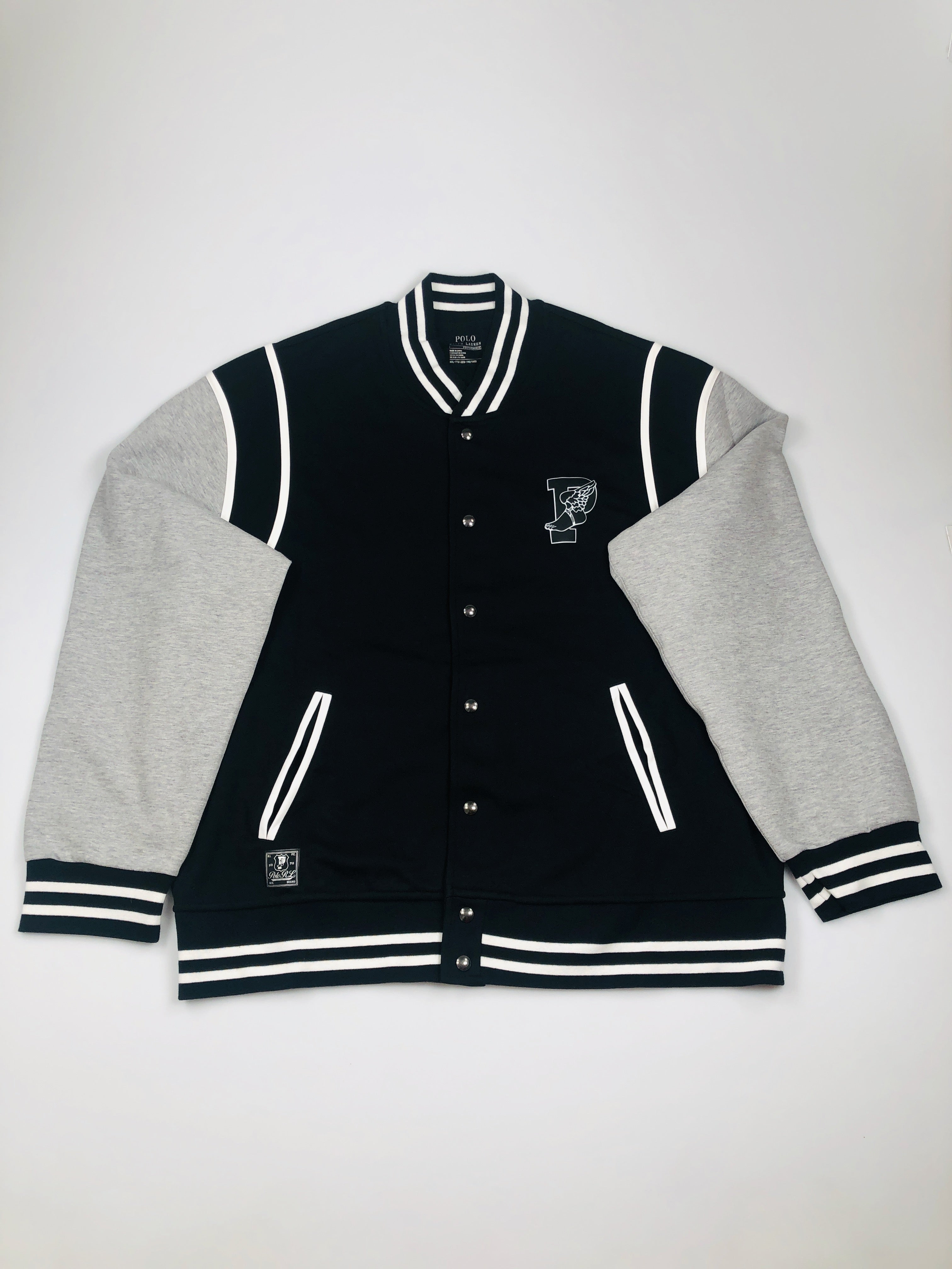 POLO RALPH LAUREN BLACK AND GREY PWING 1992 VARSITY VINTAGE STADIUM JACKET - Flashy Deals Store