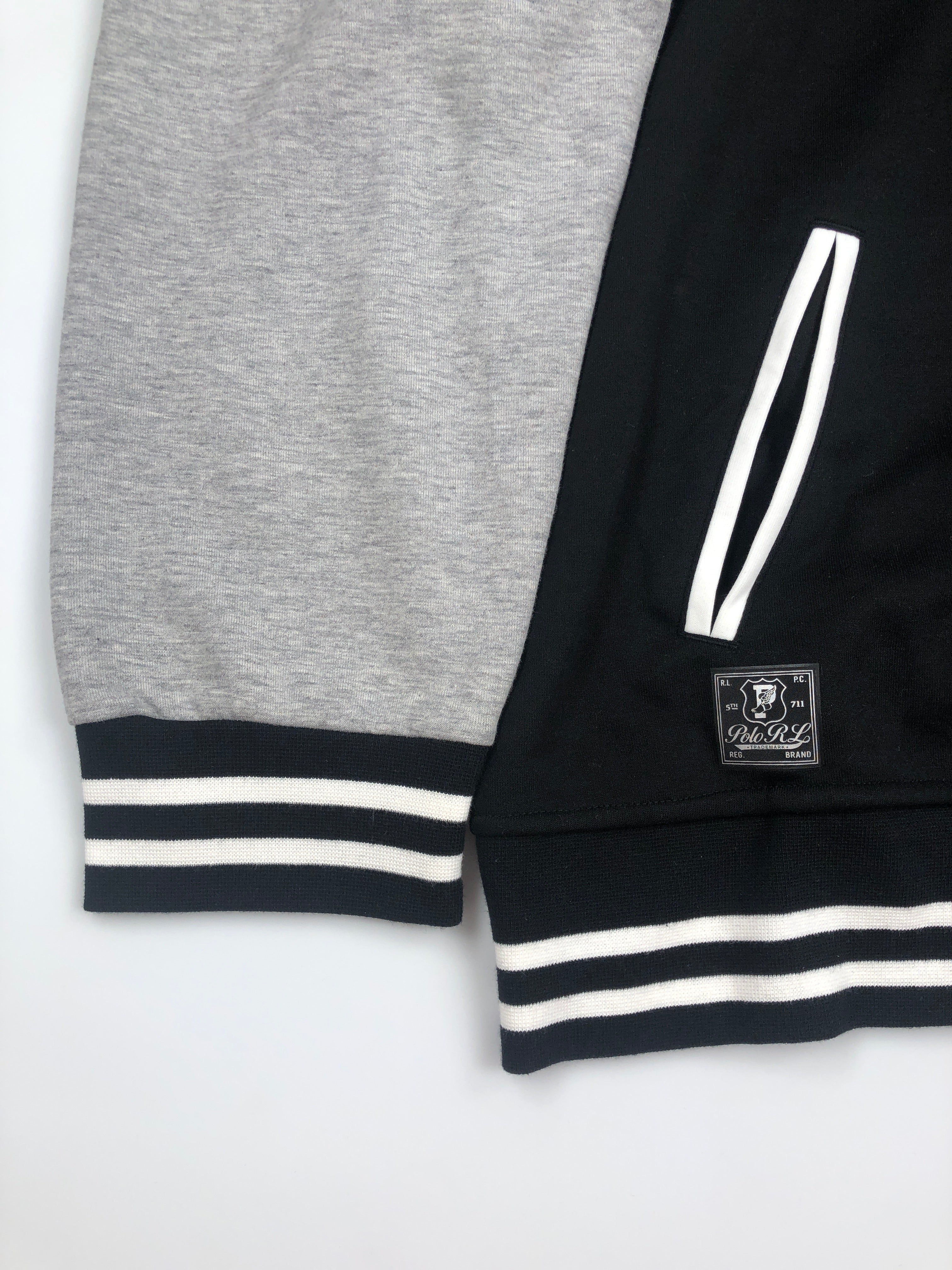 POLO RALPH LAUREN BLACK AND GREY PWING 1992 VARSITY VINTAGE STADIUM JACKET - Flashy Deals Store