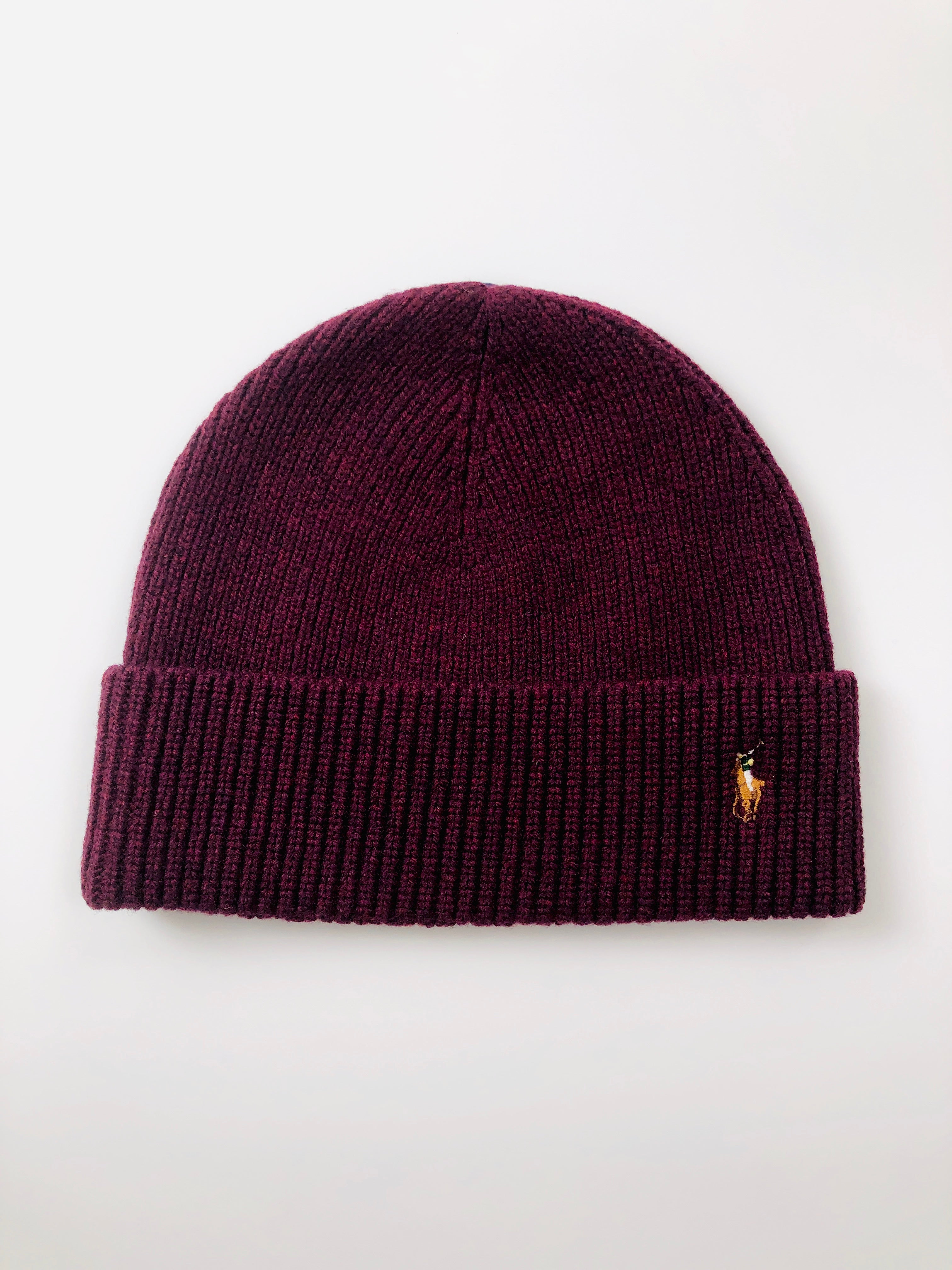 POLO RALPH LAUREN MERINO LAMBSWOOL WINE HEATHER BEANIE HAT - Flashy Deals Store
